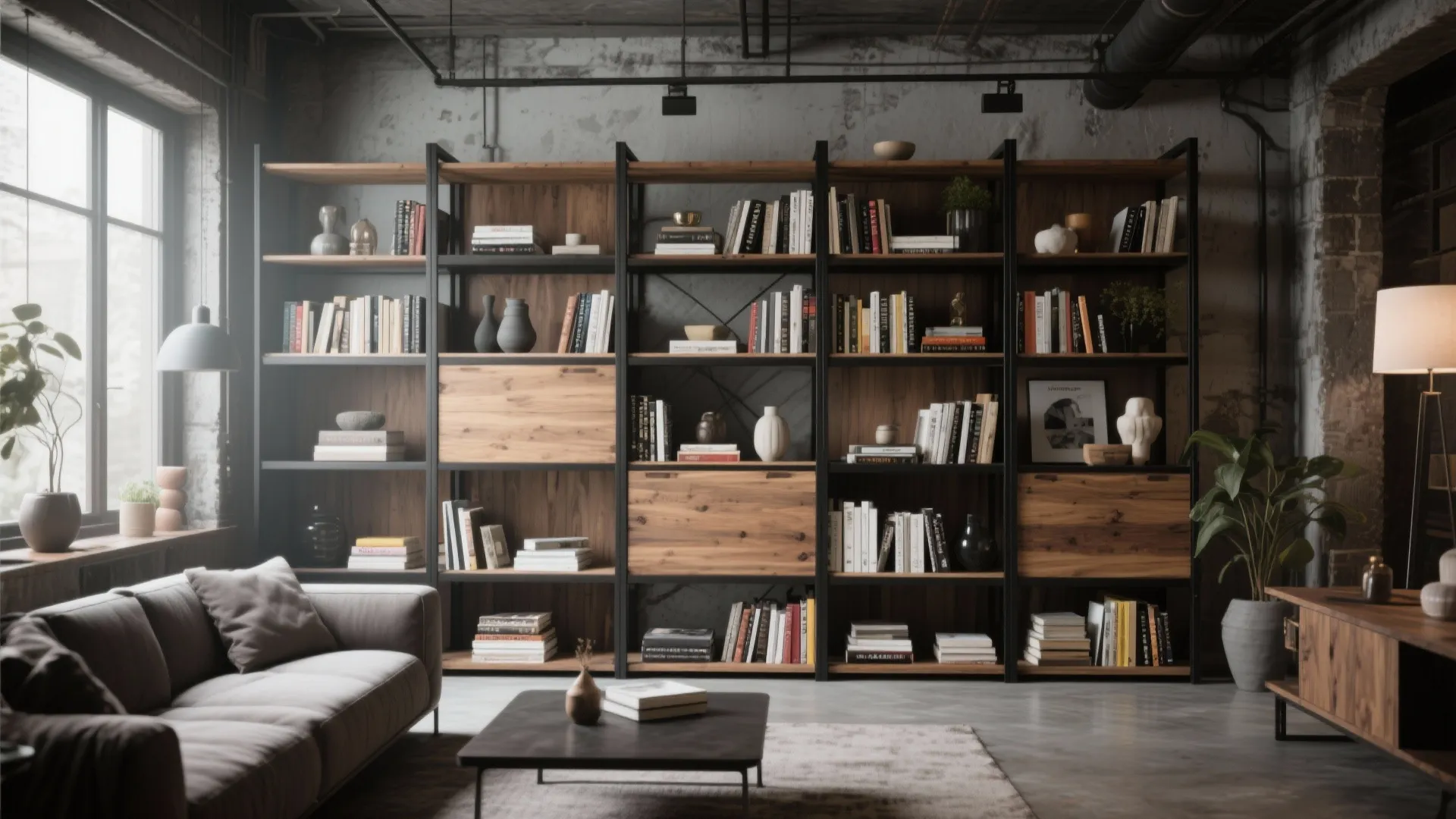 Wood and metal mixed-material shelves in an industrial living room