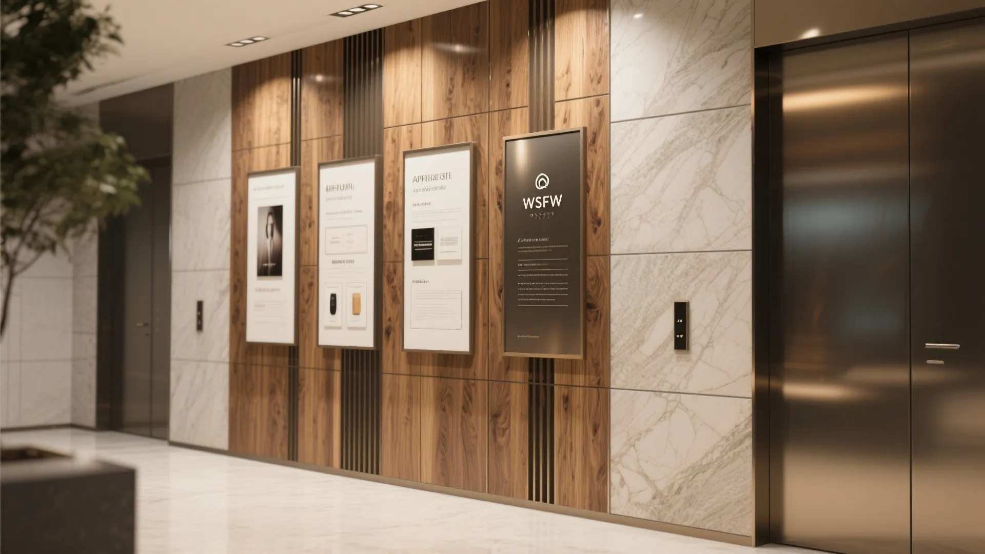 Modern hallway featuring wood wall panels and marble tiles with four framed posters near elevator