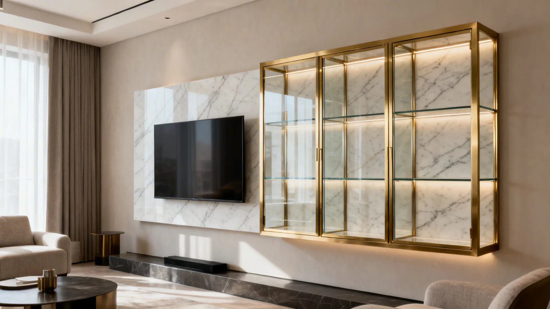 Mixed-material wall showcase with brass frame, glass doors, and a porcelain slab back panel.