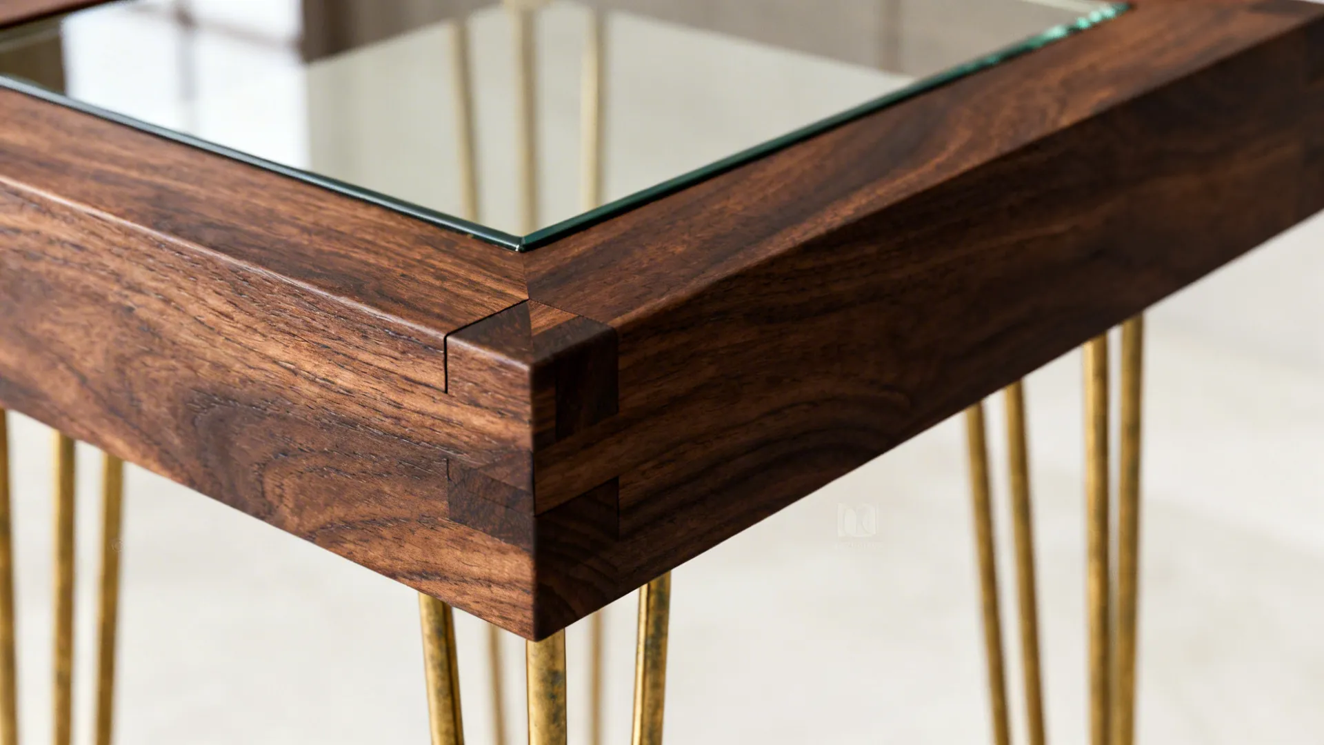 Close-up of side table featuring dark wood frame, glass top, and slim gold metal legs.