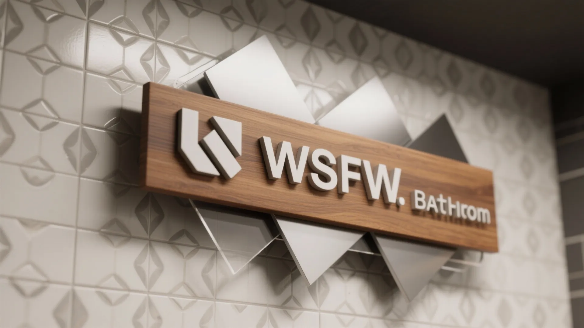 Bathroom sign with layered wood, acrylic, and metal on tile wall