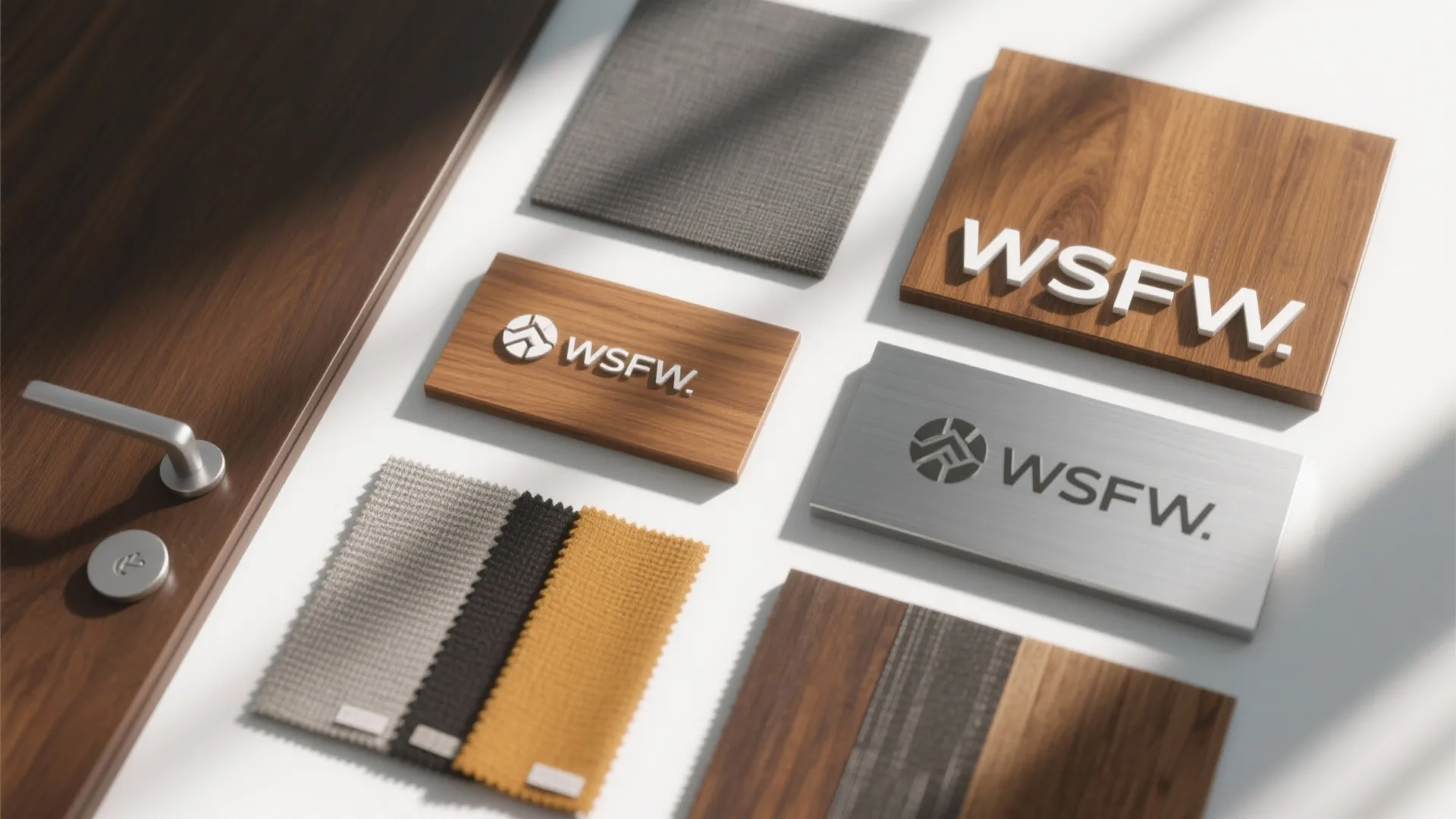 Flatlay of wood, metal, and fabric materials for signage