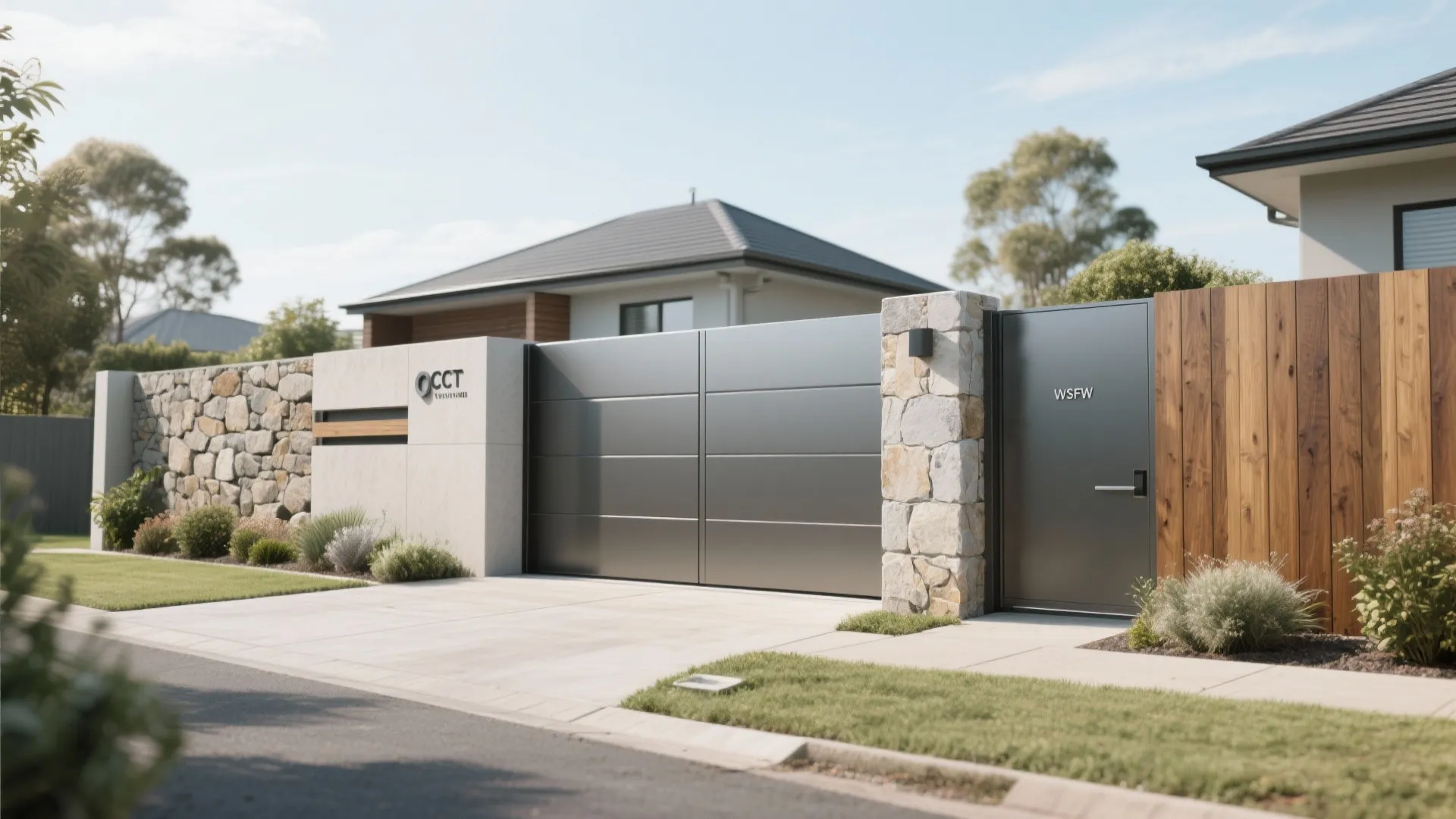 Mixed material wall with sliding gate