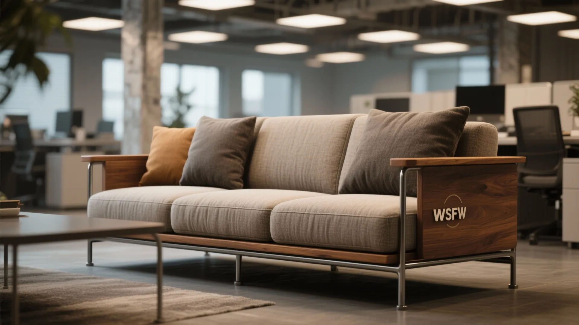 Modern grey fabric sofa with wooden armrests and metal frame in a bright office lounge