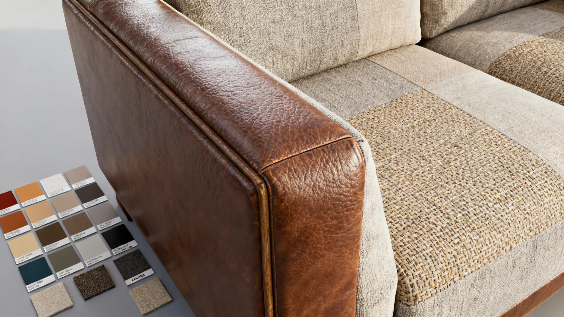 Close-up of a mixed-material sofa showing leather arm and woven fabric seat cushion with fabric swatches.