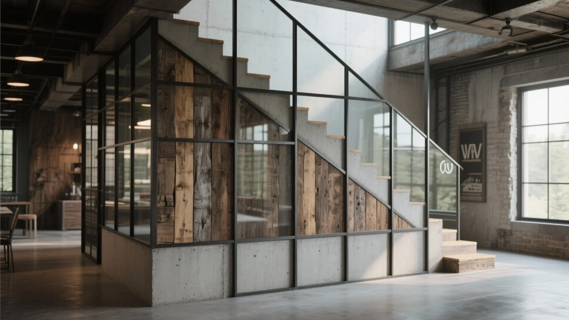 Industrial staircase with wooden steps black metal frame glass panels and solid grey concrete base