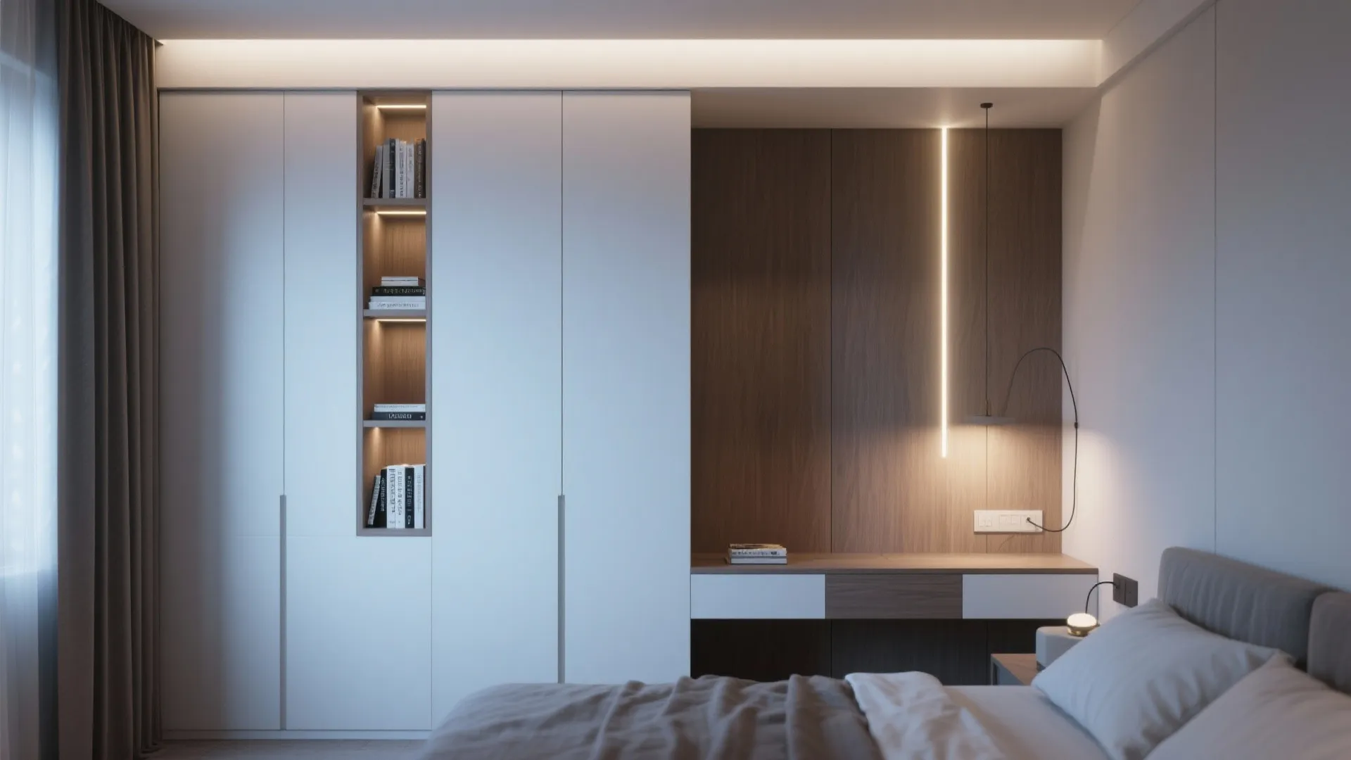 5. Mixed-material panels with integrated storage for small rooms