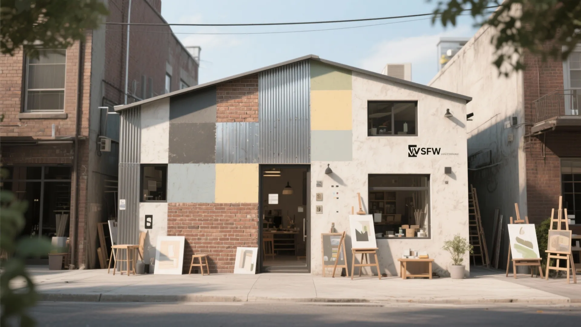 Small art studio building with a colorful patchwork exterior of metal panels bricks and painted squares