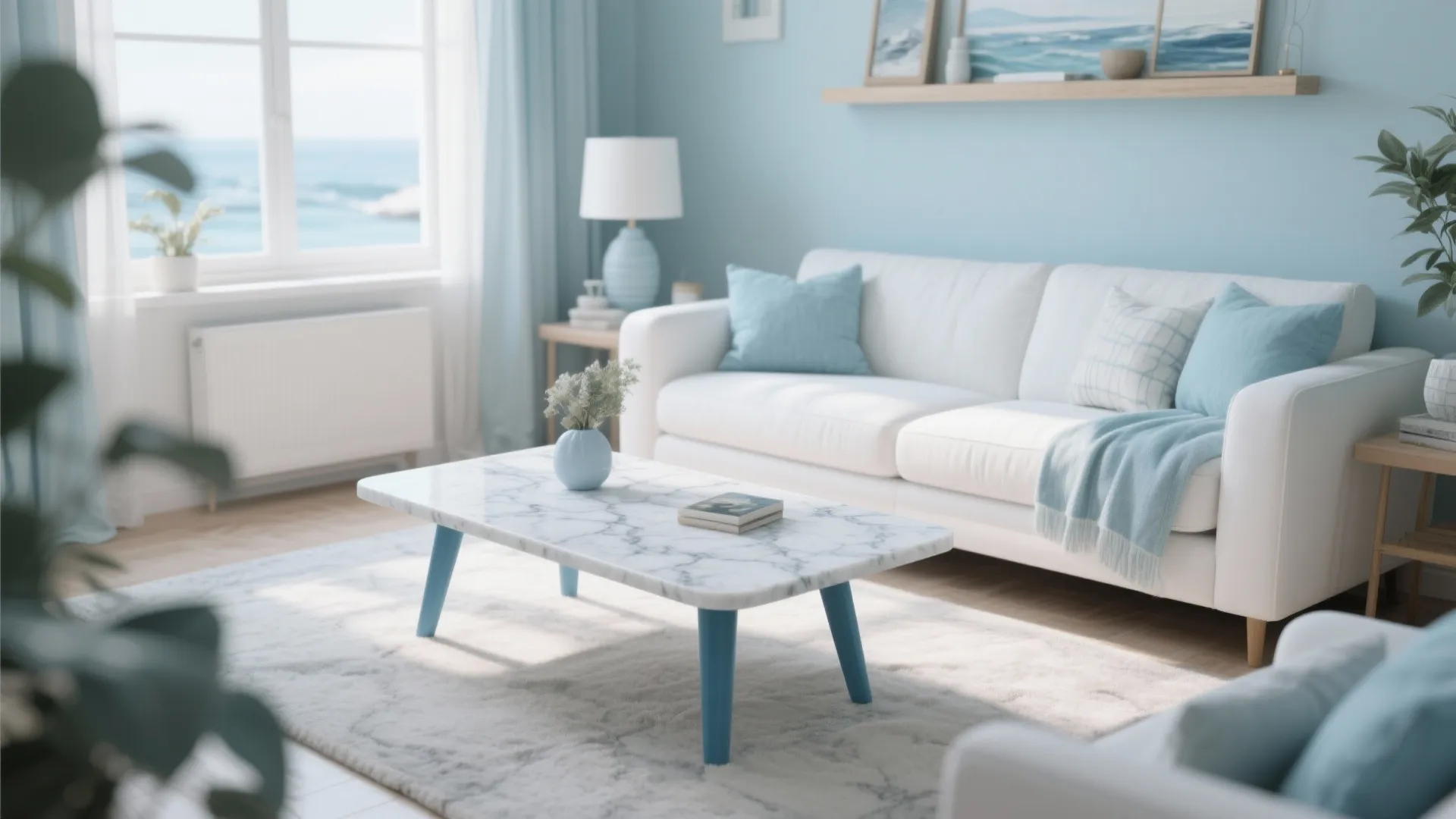 Light blue living room featuring white sofa and marble coffee table with sea view windows
