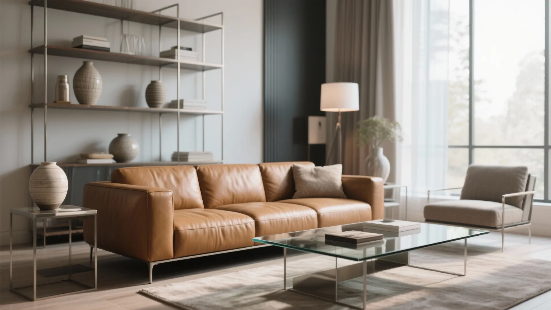 Modern living room with tan leather sofa glass coffee table metal shelving and grey wall light