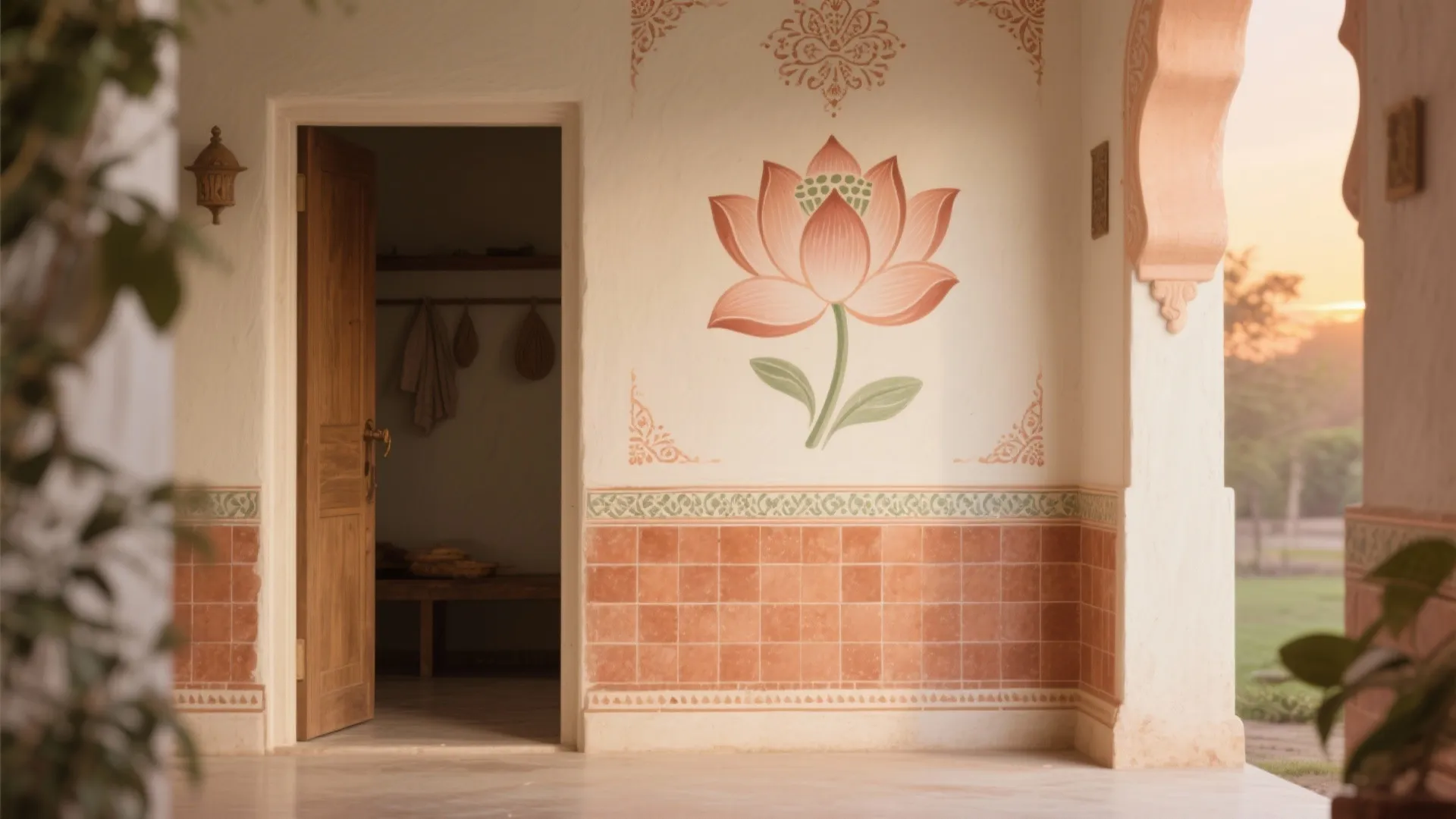 Mixed-Material Rangoli: Paint + Tile Near Skirting