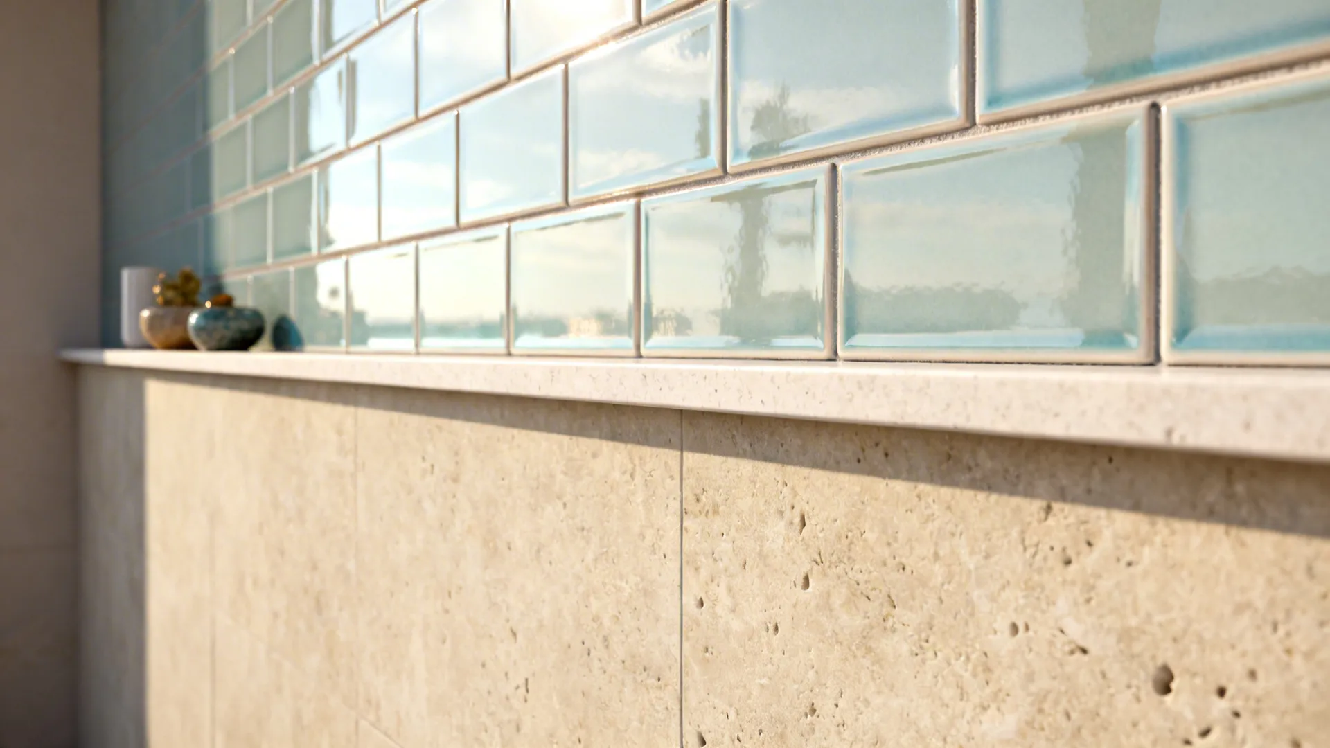 Close-up of layered matte limestone and glossy subway tiles forming a narrow ledge with decorative objects
