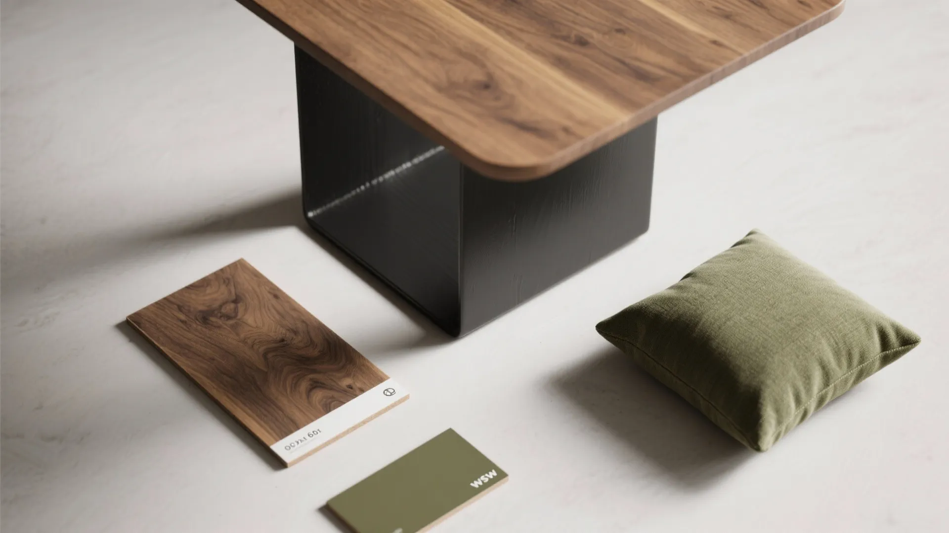 Wooden table top with black metal base sitting beside wood samples and green cushion pillow