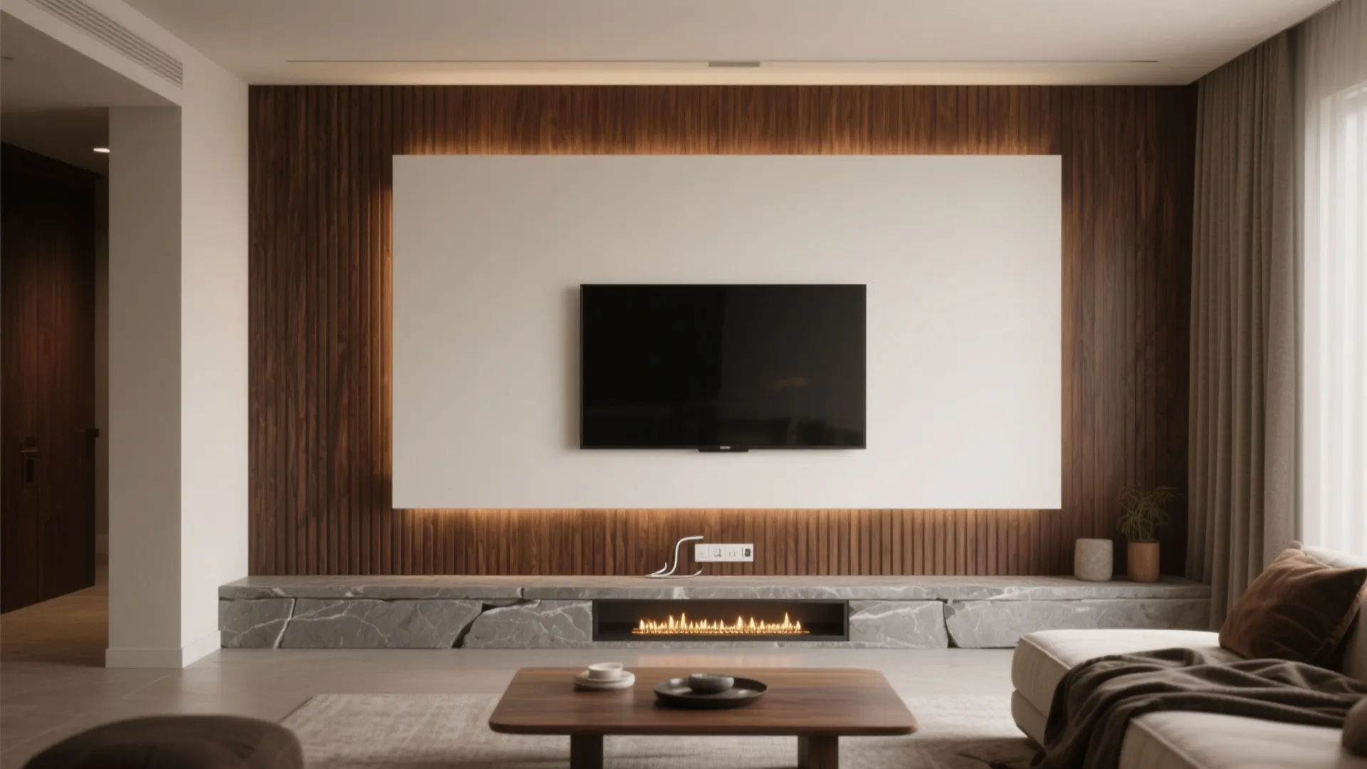 Mixed-material gypsum TV wall with warm accents
