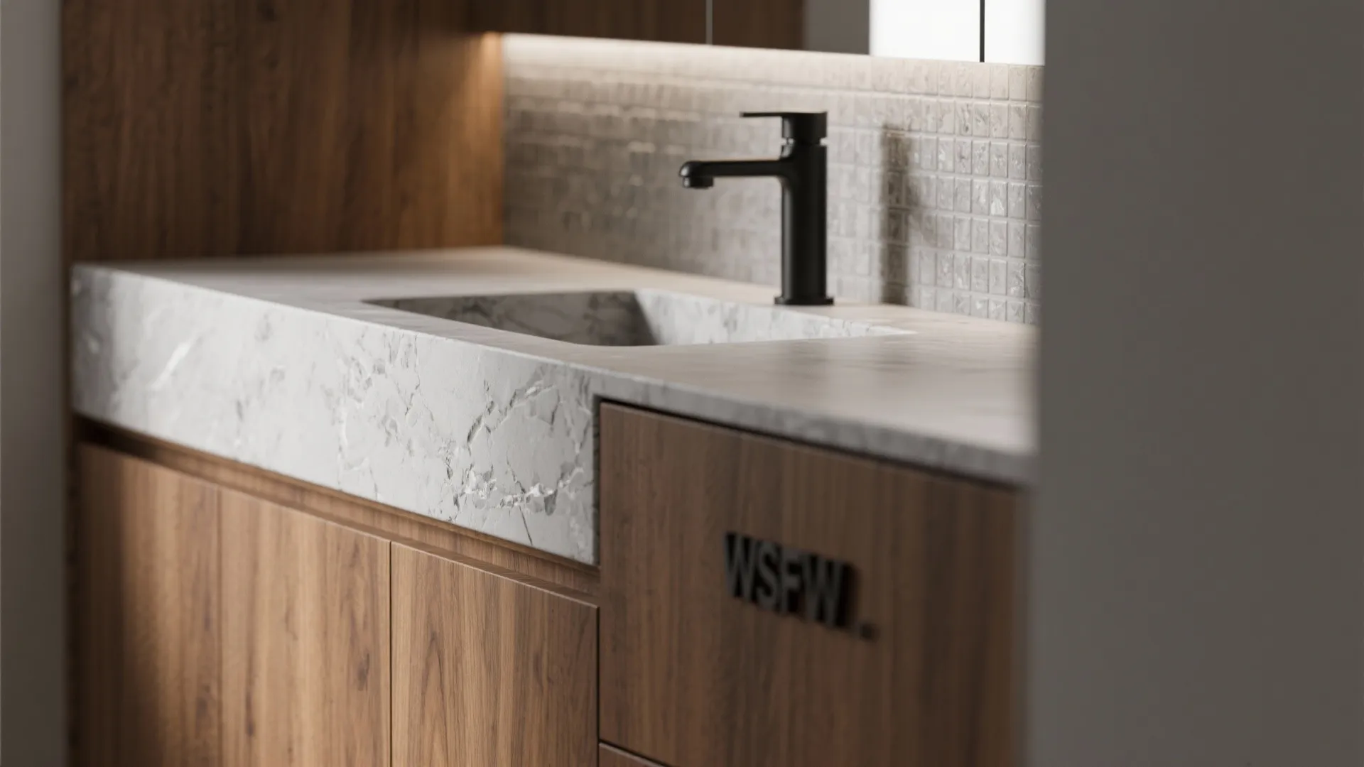 Warm wood vanity contrasted with cool stone countertop creating a focal point in a small ensuite.