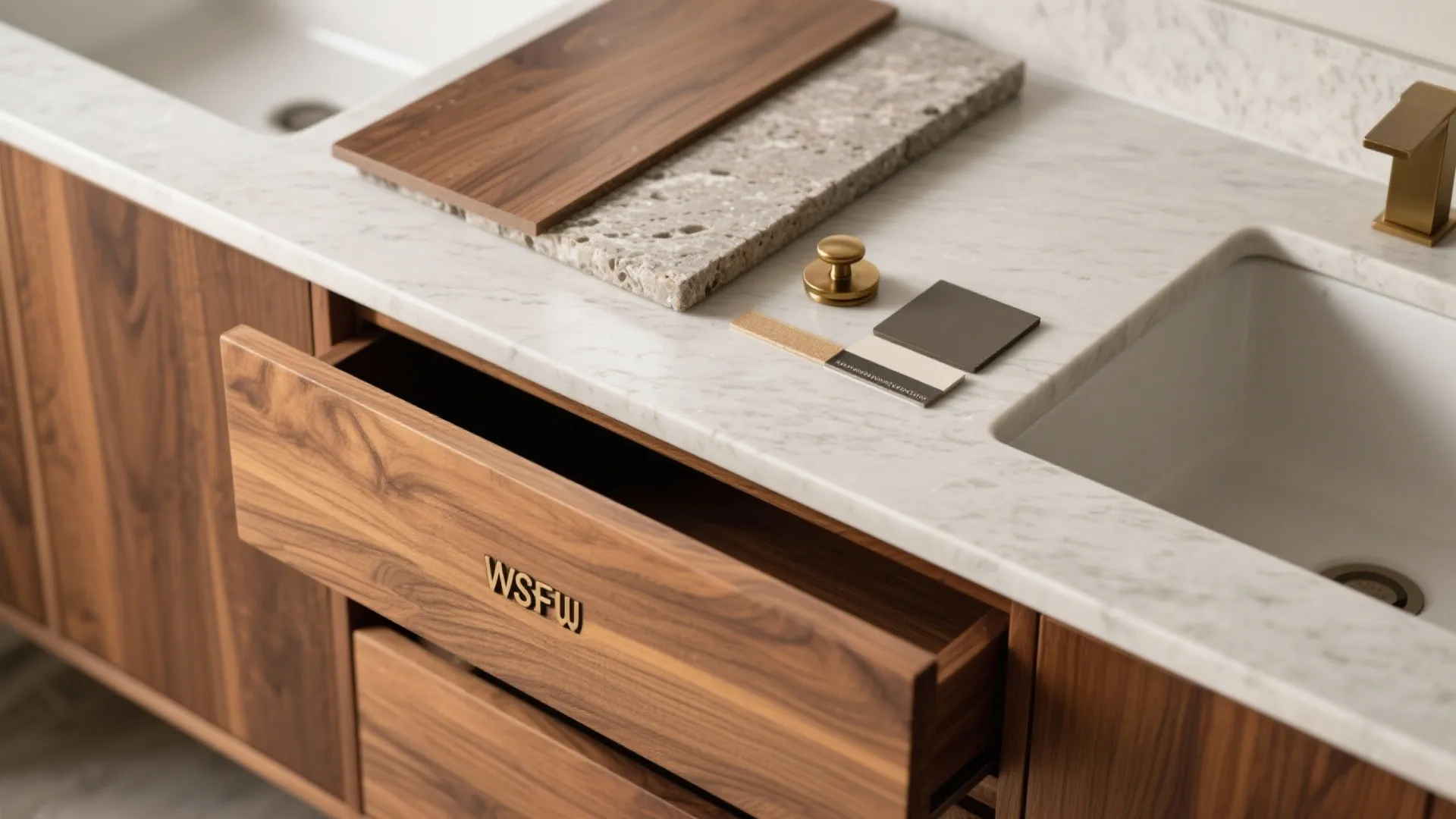 Modern wooden bathroom cabinet with white marble countertop holding wood stone samples and gold faucet