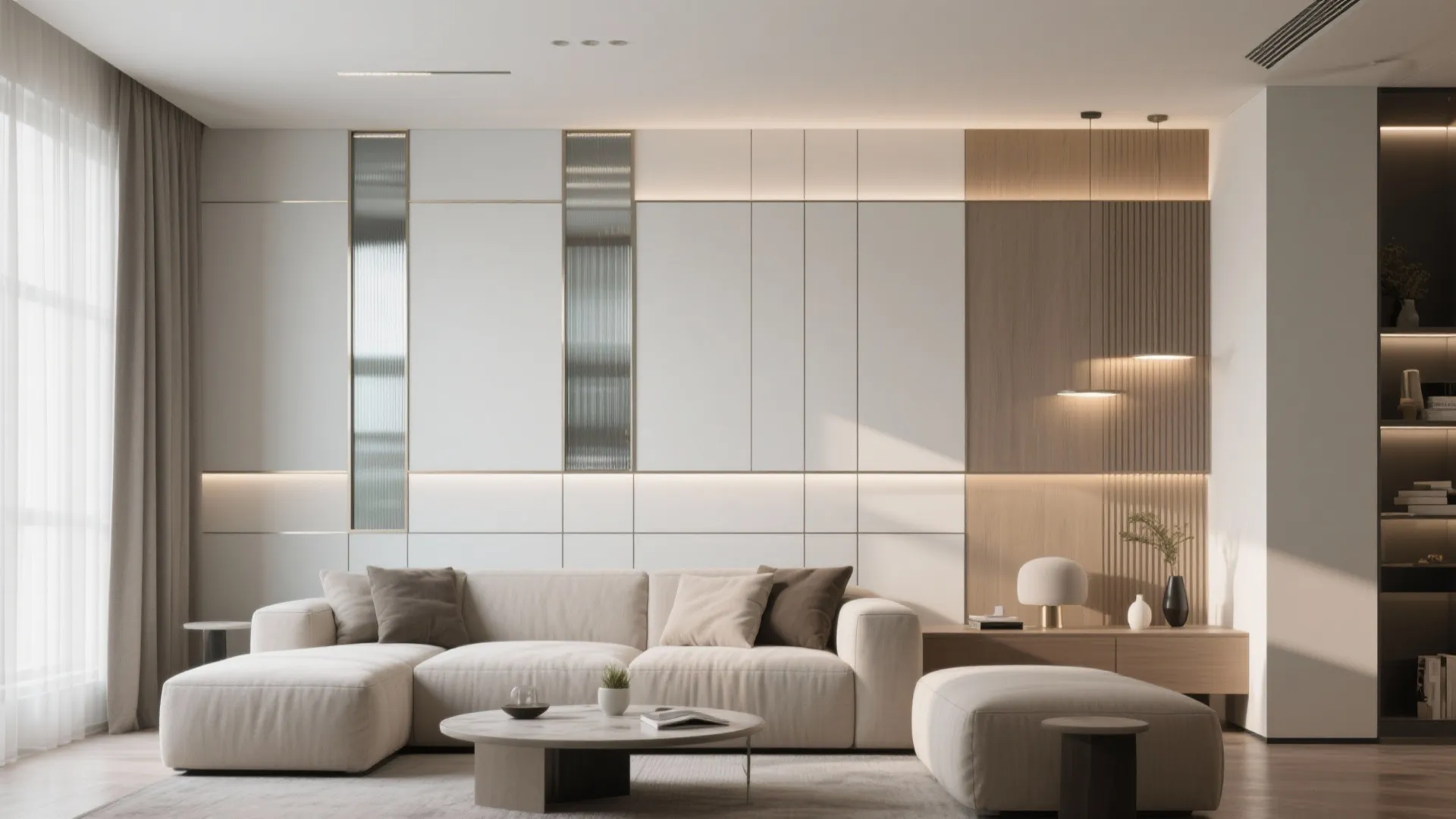 Modern living room featuring large white sofa wooden wall panel details and a round footrest