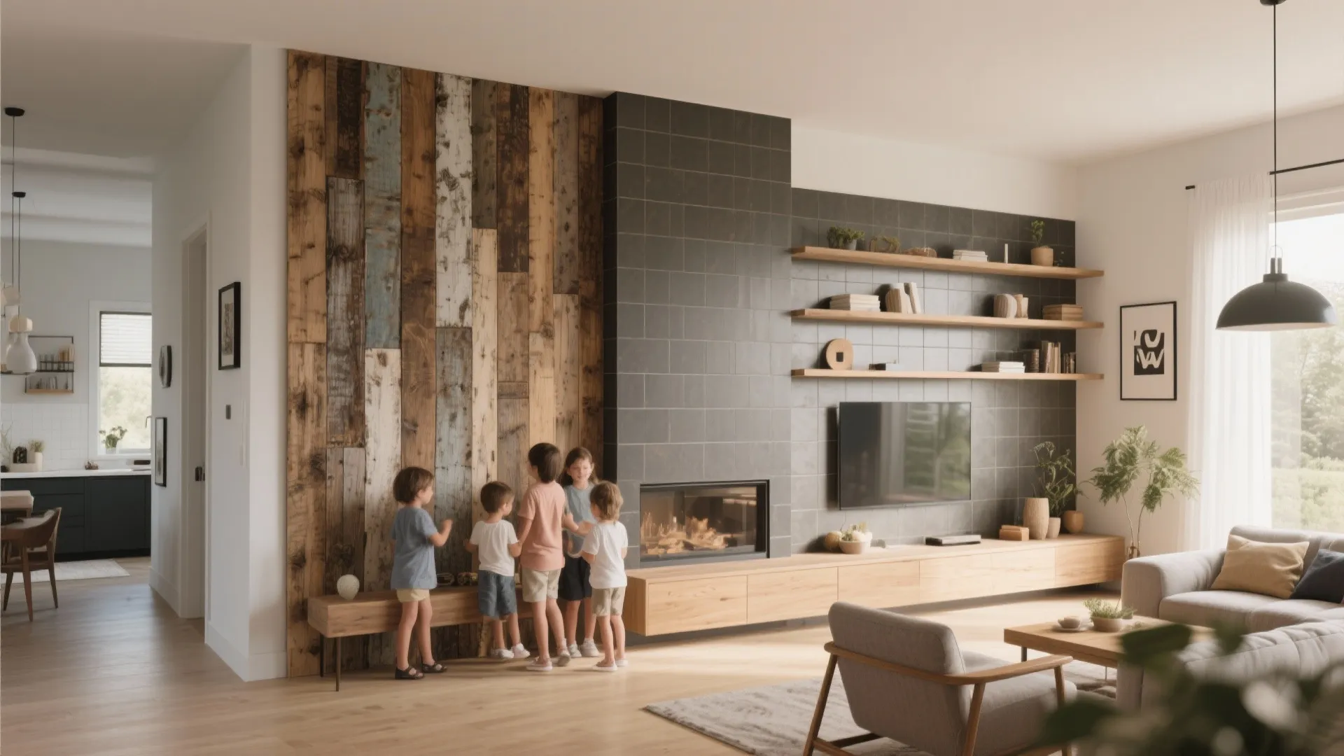 Living room with mixed-material feature wall of wood, tile, shelves