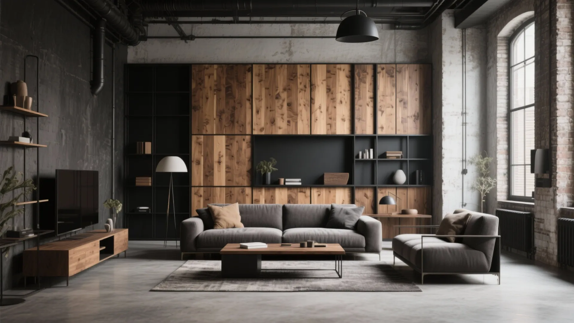 Industrial living room with wood wall panel grey sofa black shelves large windows and floor lamp