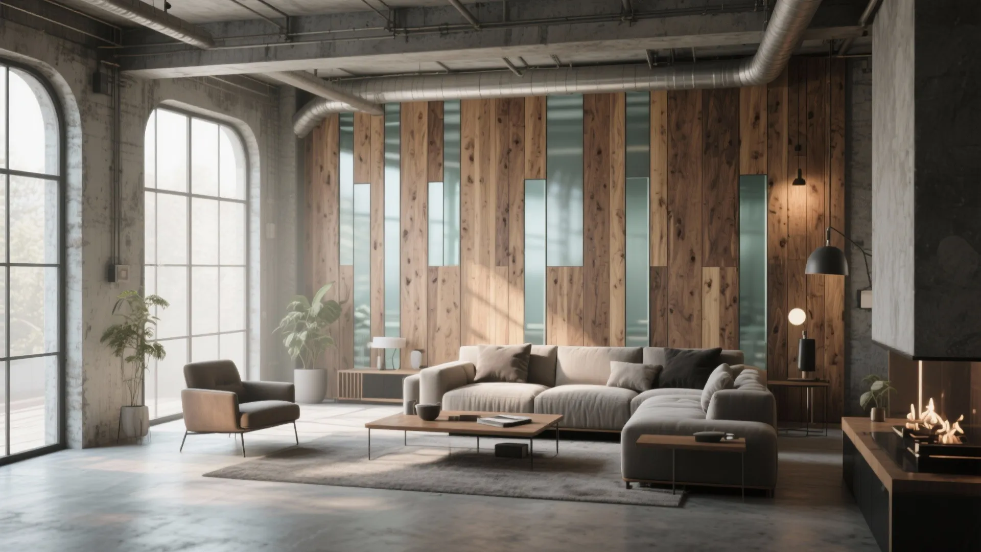 Oak panels with frosted glass strips in living room