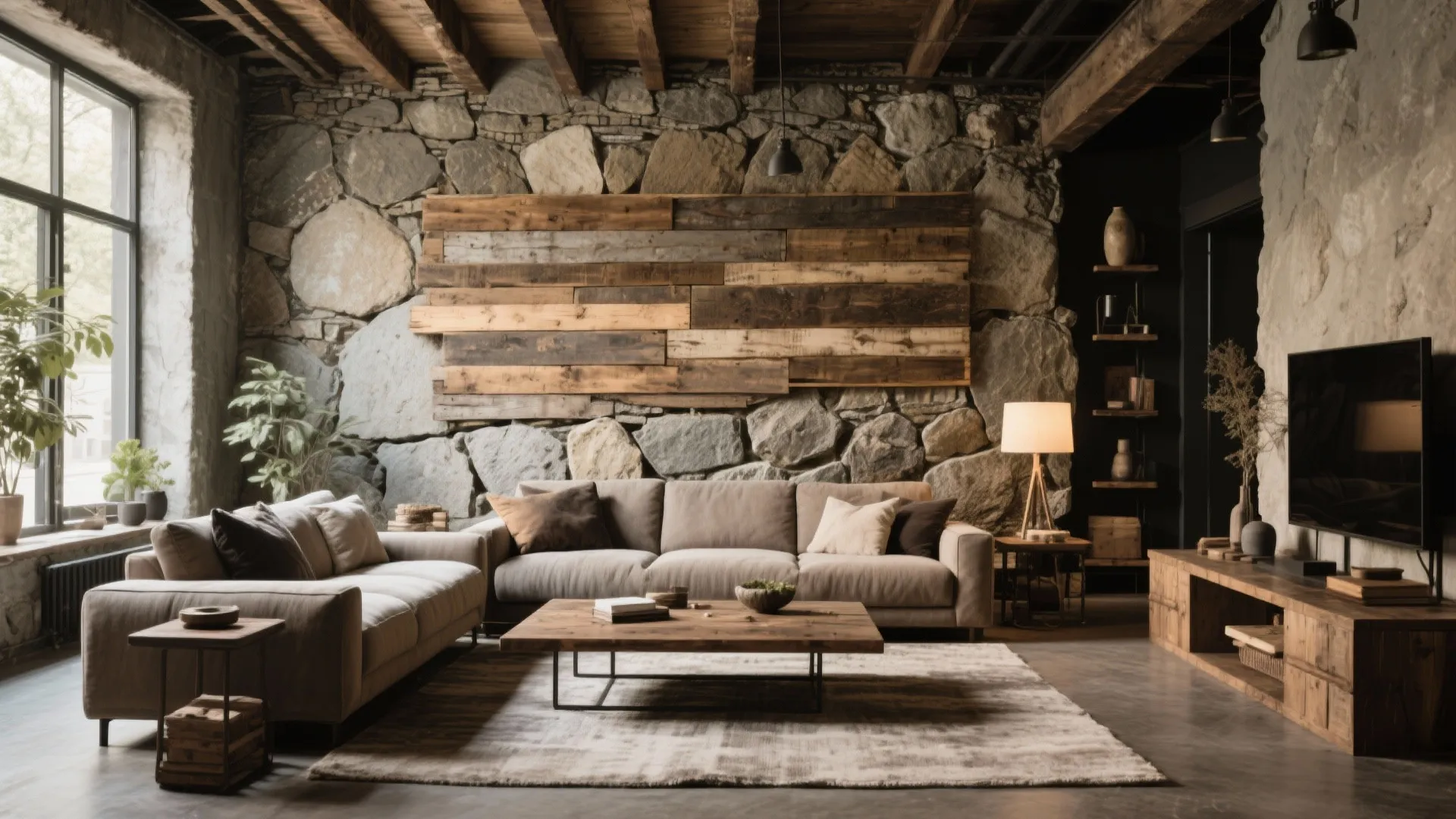 Rustic living room with stone wall wooden paneling brown sofa and wood coffee table design