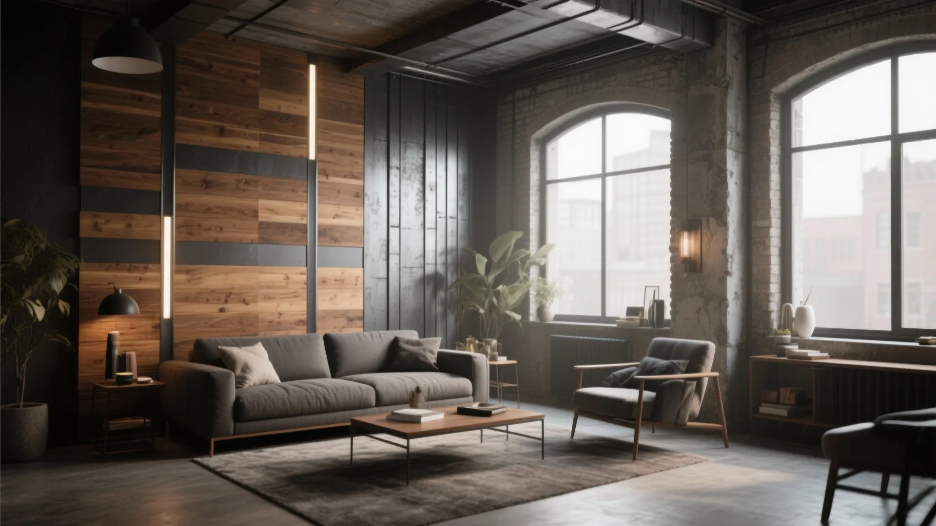 Industrial living room with grey sofa wooden wall panels large arched window and green plants