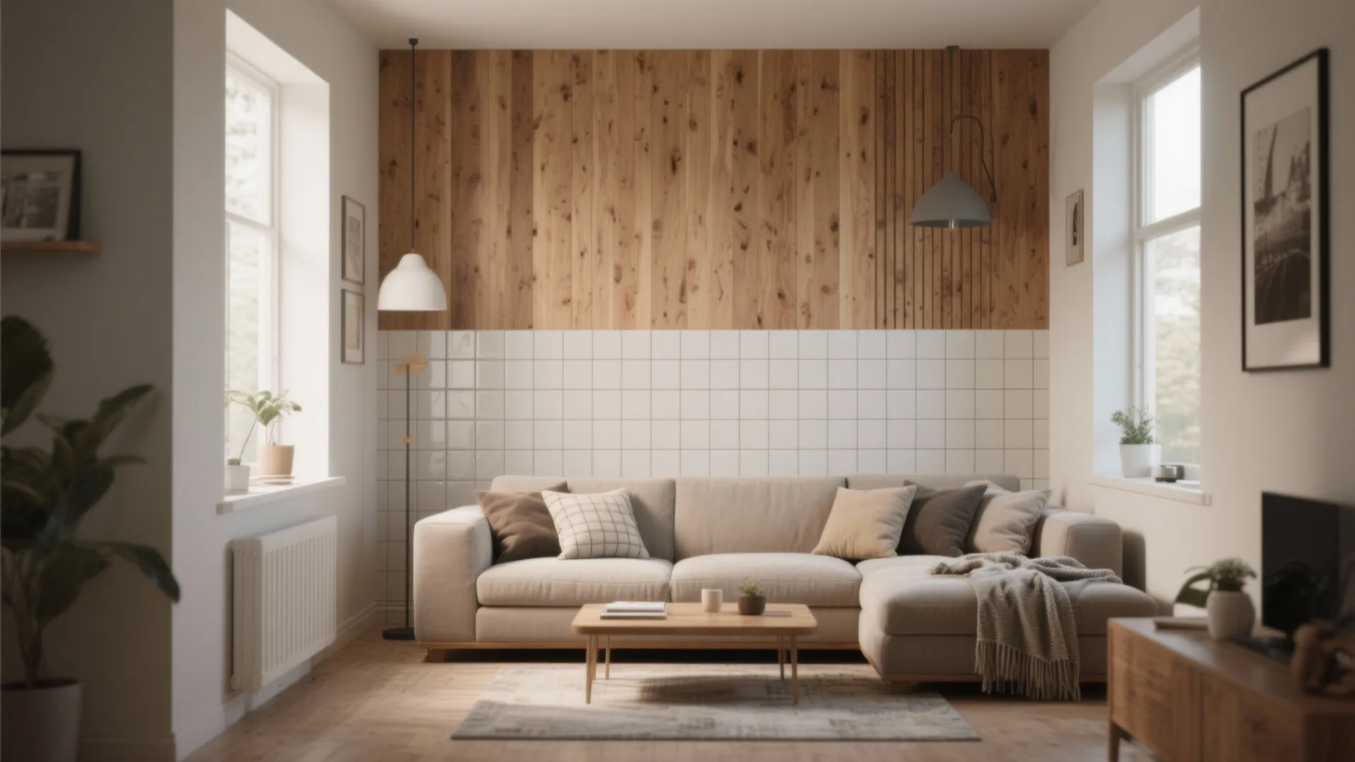 Cozy living room with wood wall panel white tiles beige sofa and two hanging lights