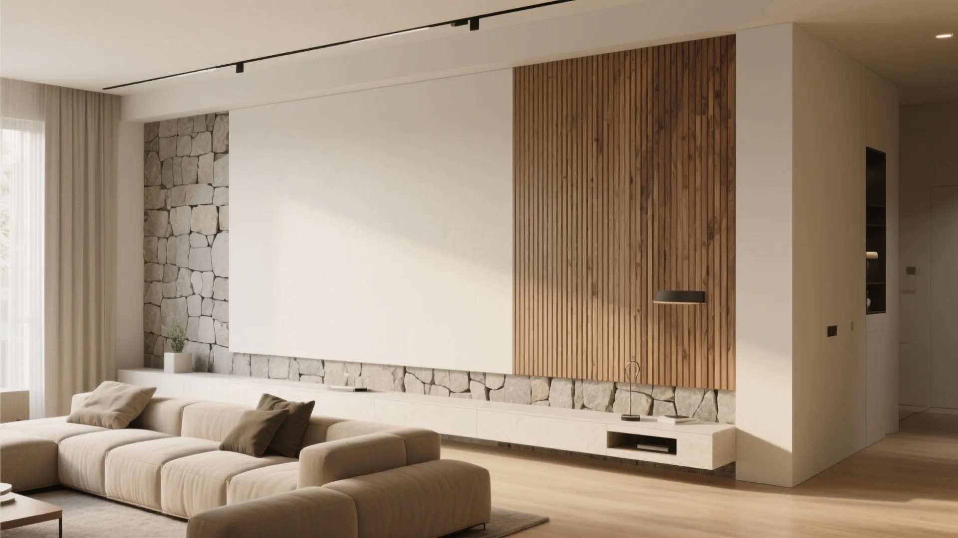 Large living room wall combining stone textures with vertical wooden panels and a long cabinet