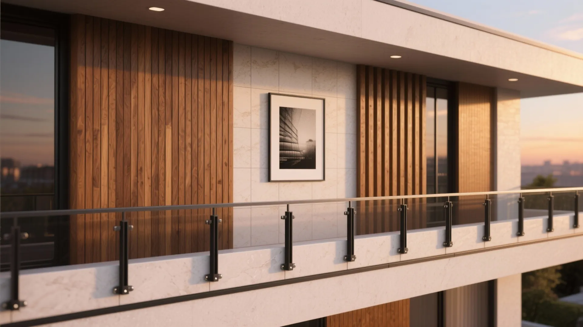 Mixed-material feature wall: tile, slats, and art