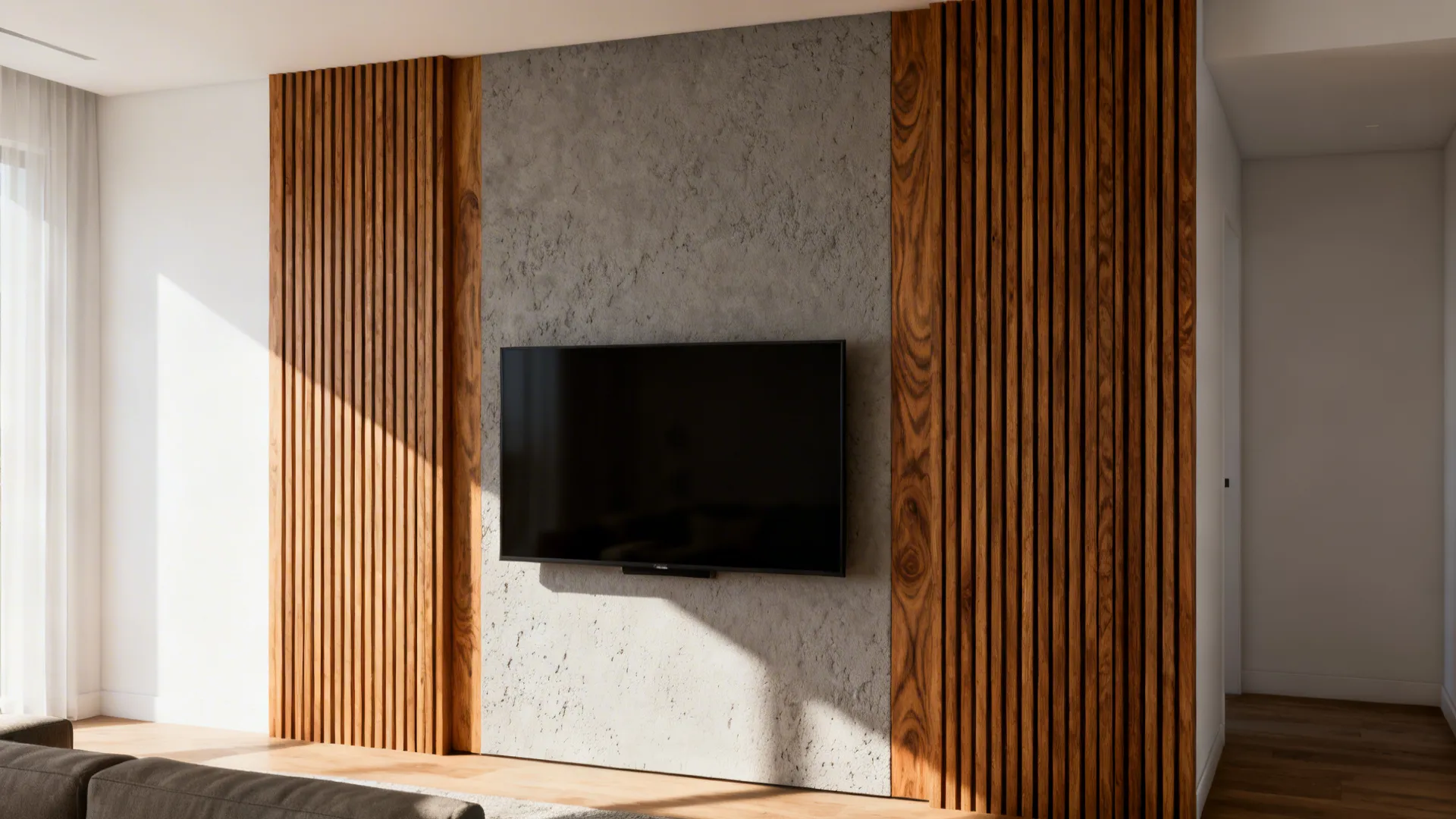 Feature wall with vertical oak slats and textured plaster surrounding a wall-mounted TV
