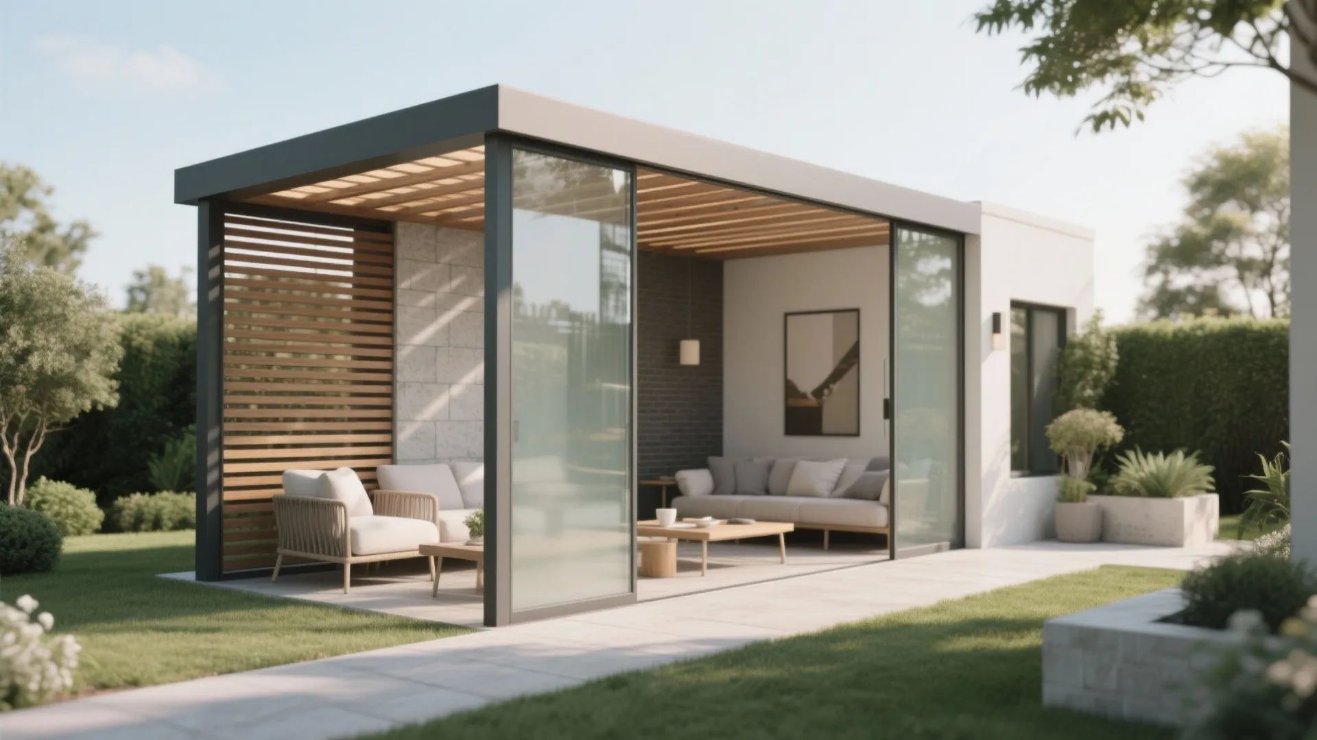 Modern outdoor living room with glass doors grey sofa wooden coffee table and a yard
