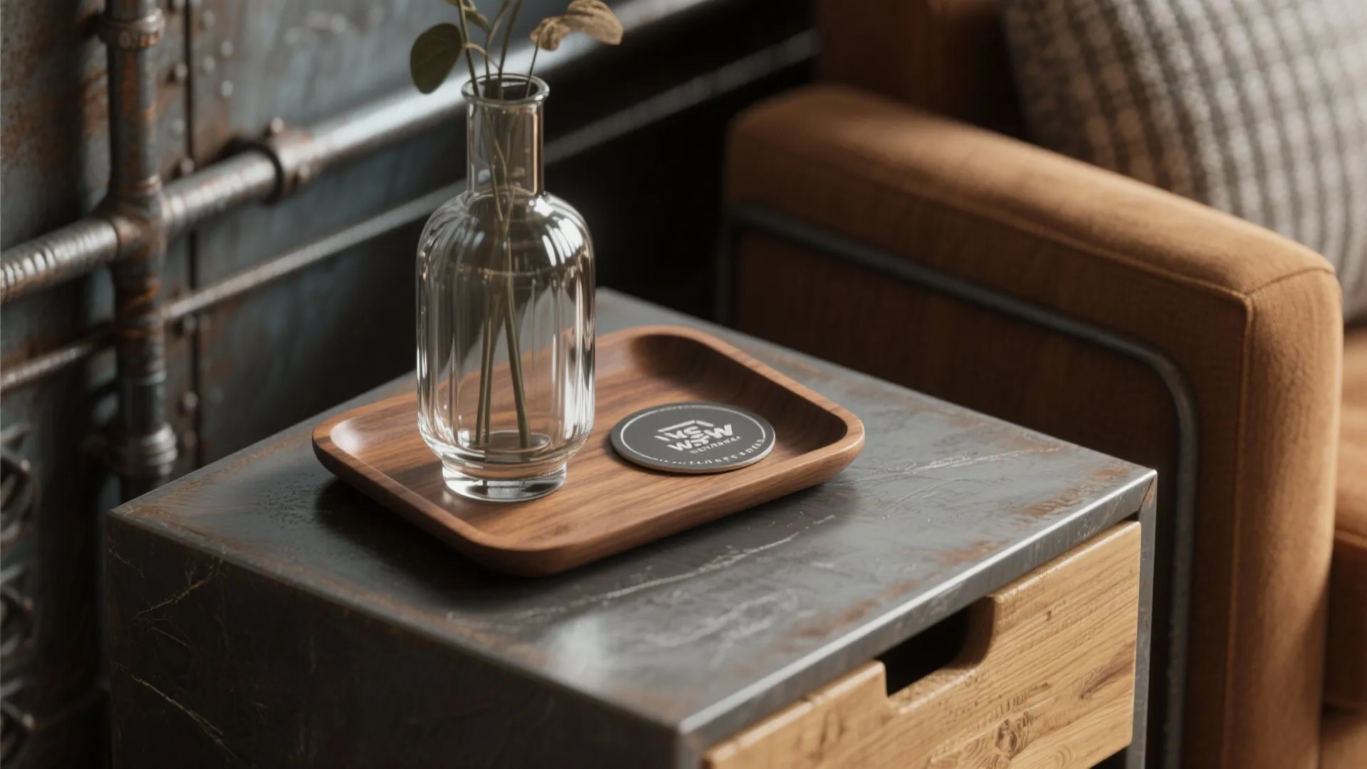 Industrial metal side table with a wooden tray, clear glass vase, and a brown sofa