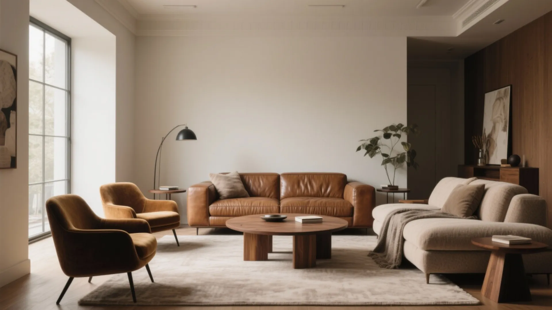 Modern living room with brown leather sofa yellow armchairs round wood coffee table and beige rug