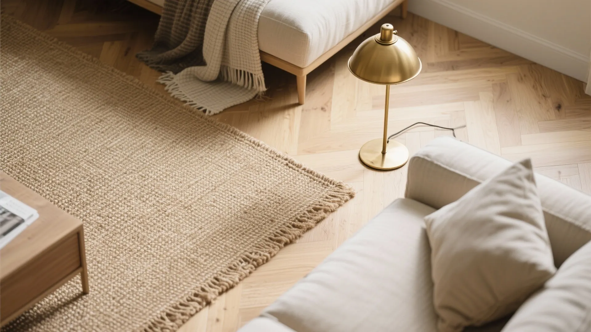 Close up of jute rug on wooden floor with gold lamp and light colored sofa