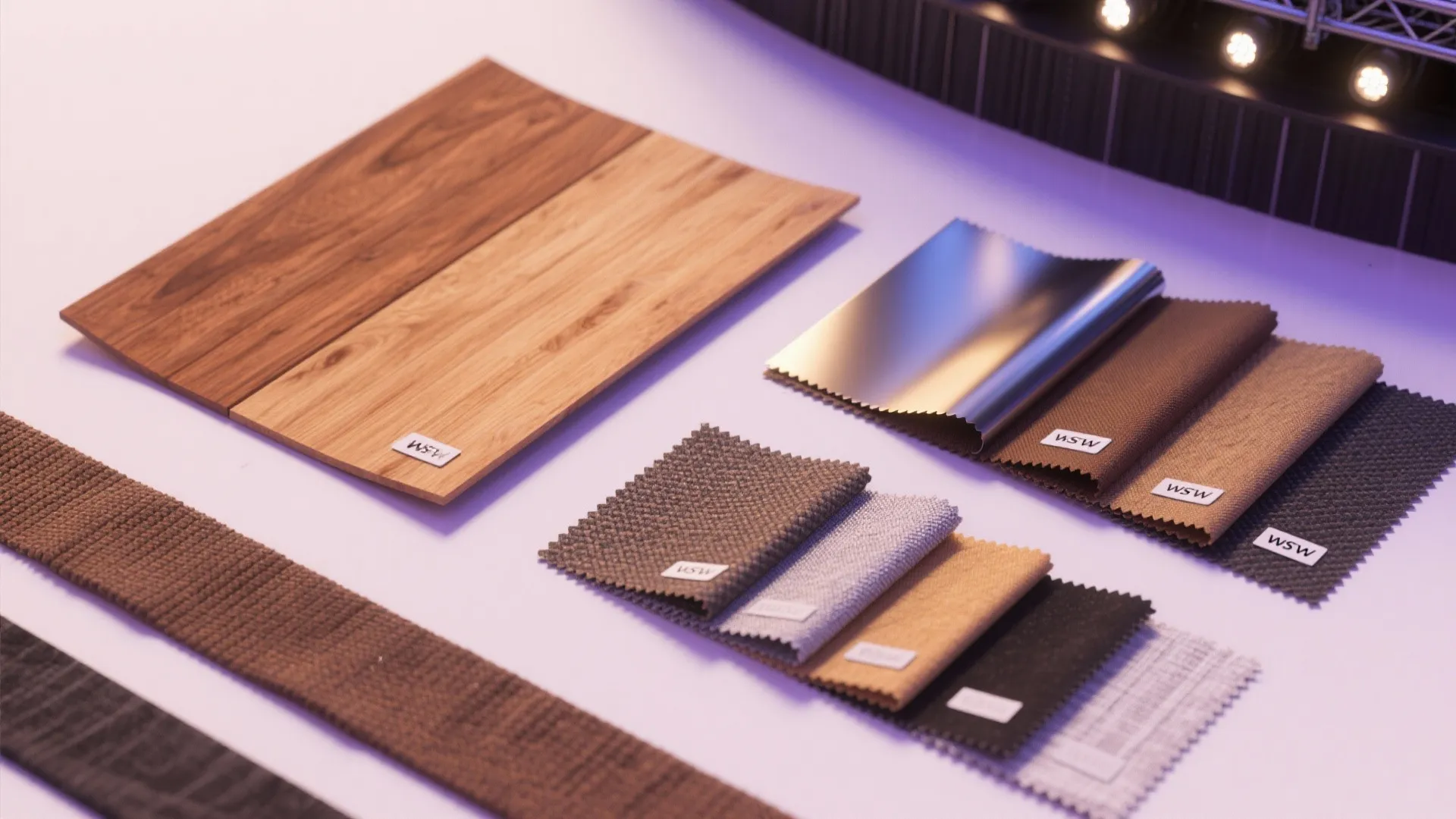 Collection of interior design material samples including wood boards metal sheets and various fabric swatches