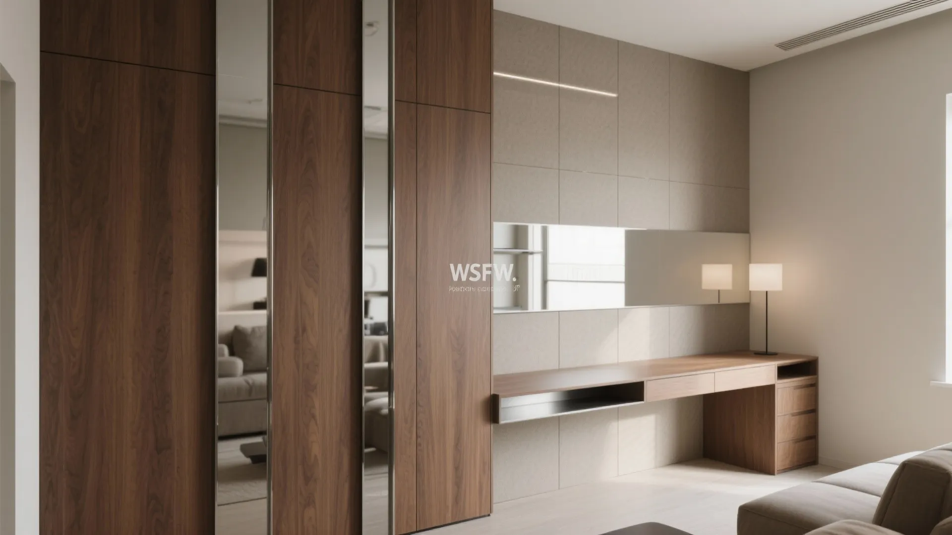 Home office interior with a wood desk, wall light, mirrors, and large dark wood cabinet