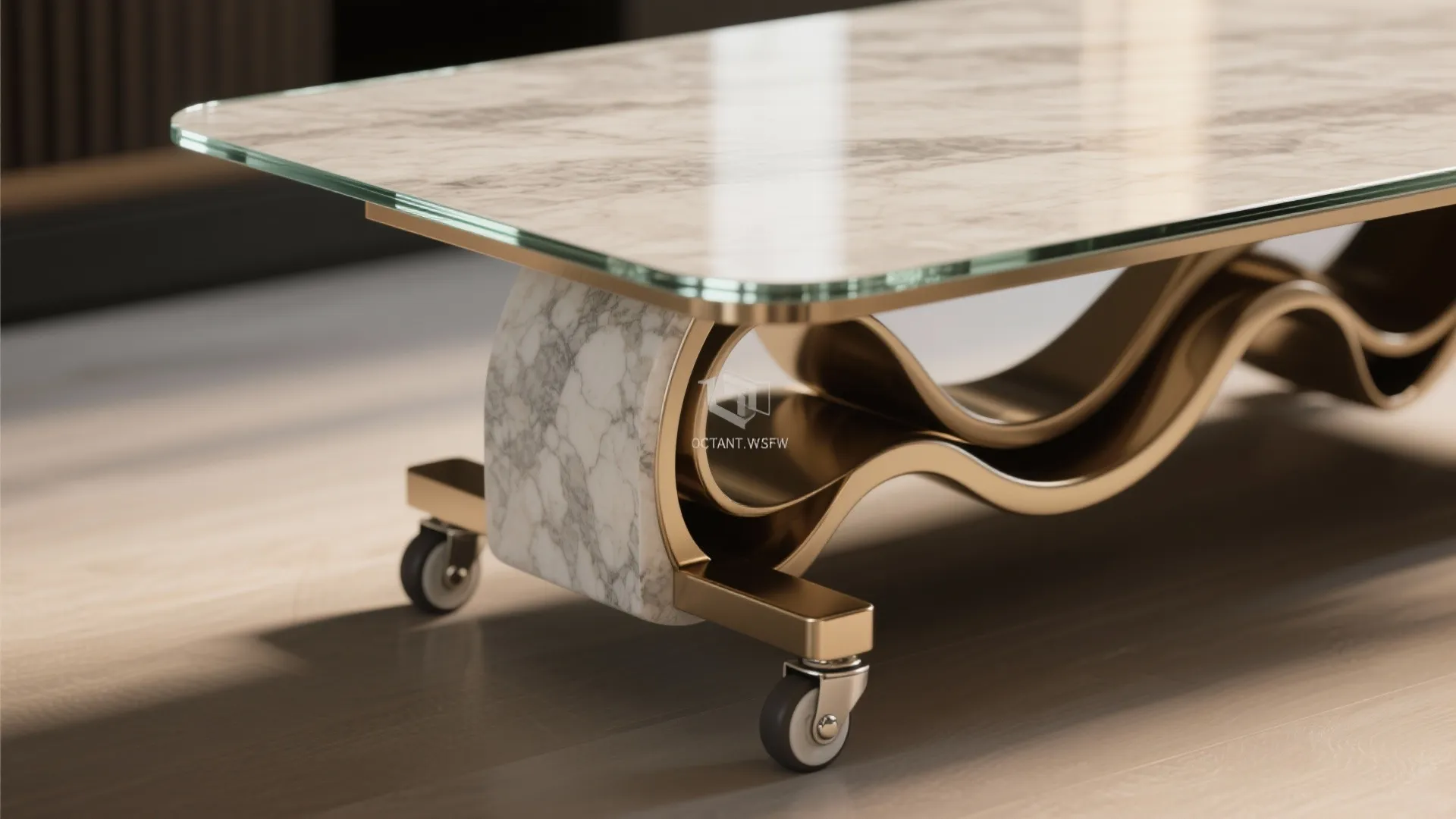 Modern coffee table with white marble top glass surface gold wavy metal base and wheels