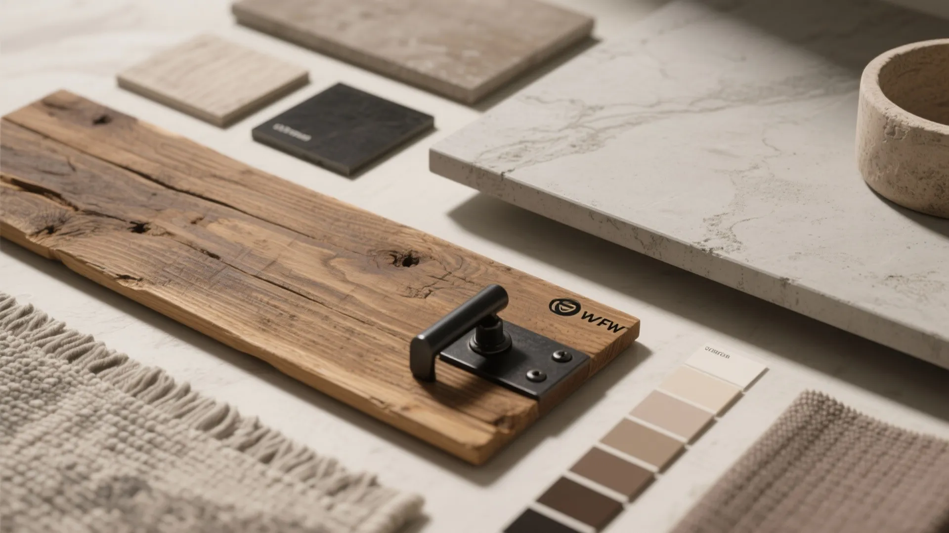 Interior design material board with wood planks marble tiles fabric swatches and a color palette