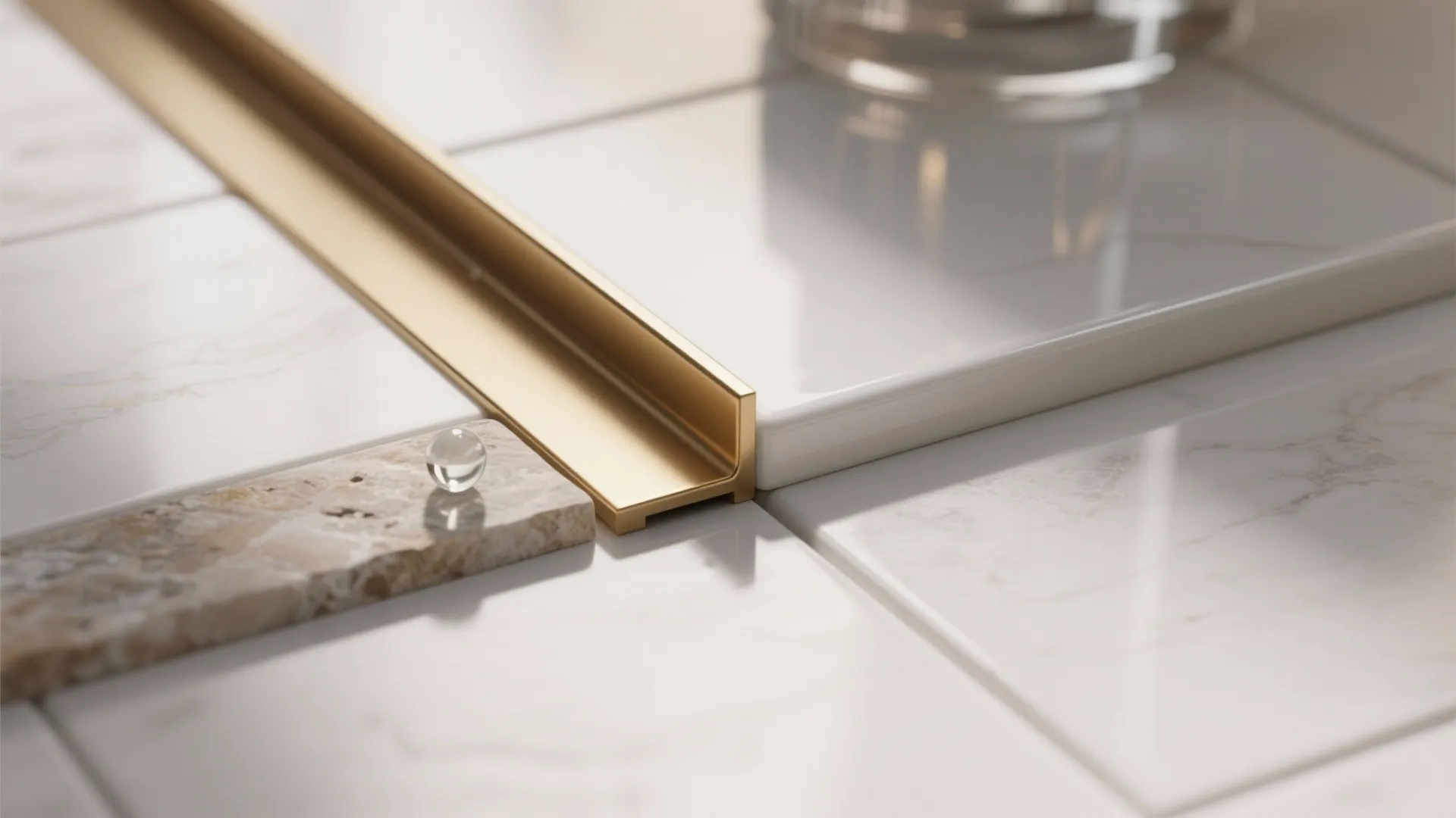 Close up of gold metal floor transition strip connecting white marble tiles and beige stone surface