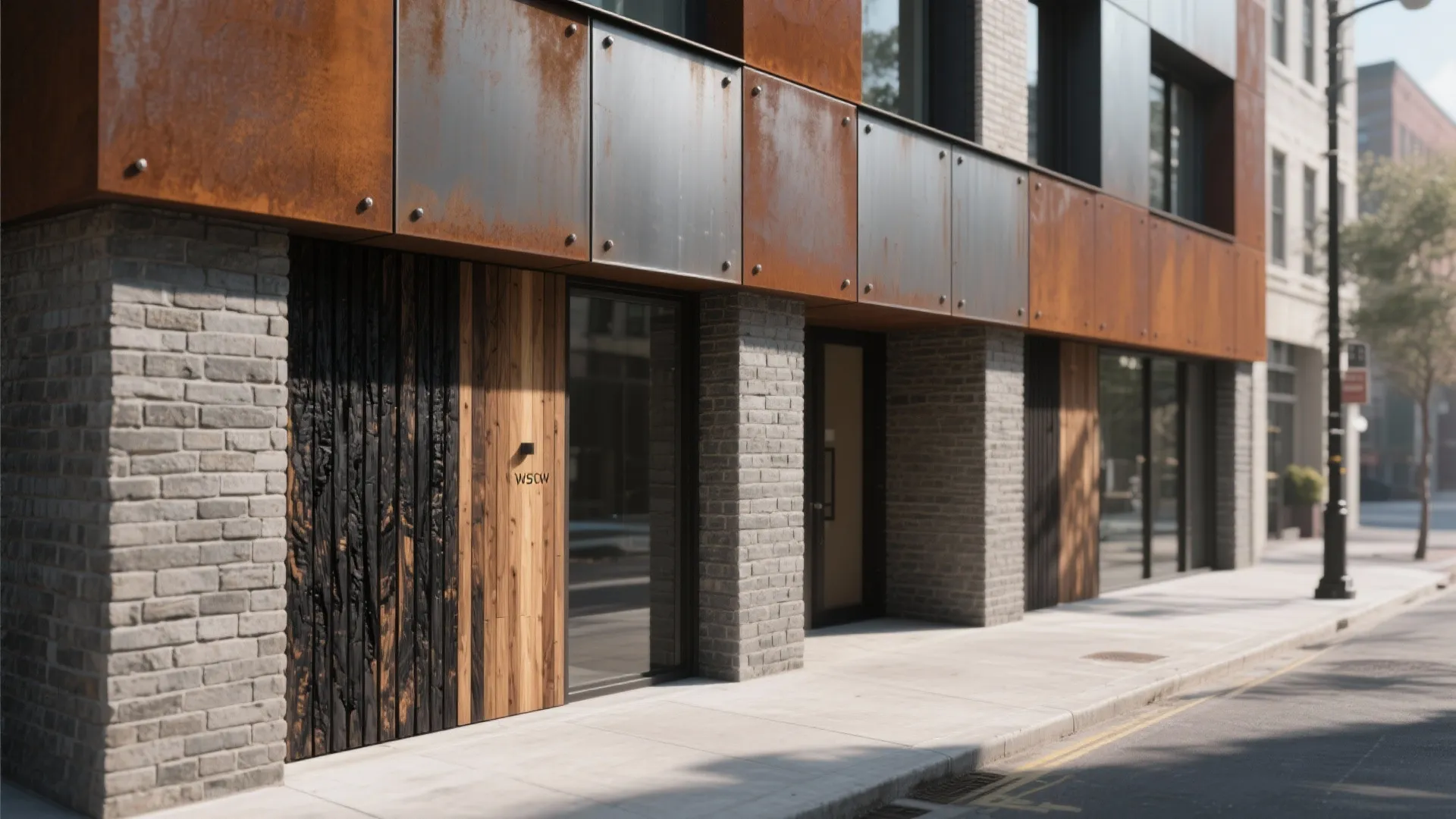 Mixed Materials: Wood Slats, Corten Panels, and Masonry Piers