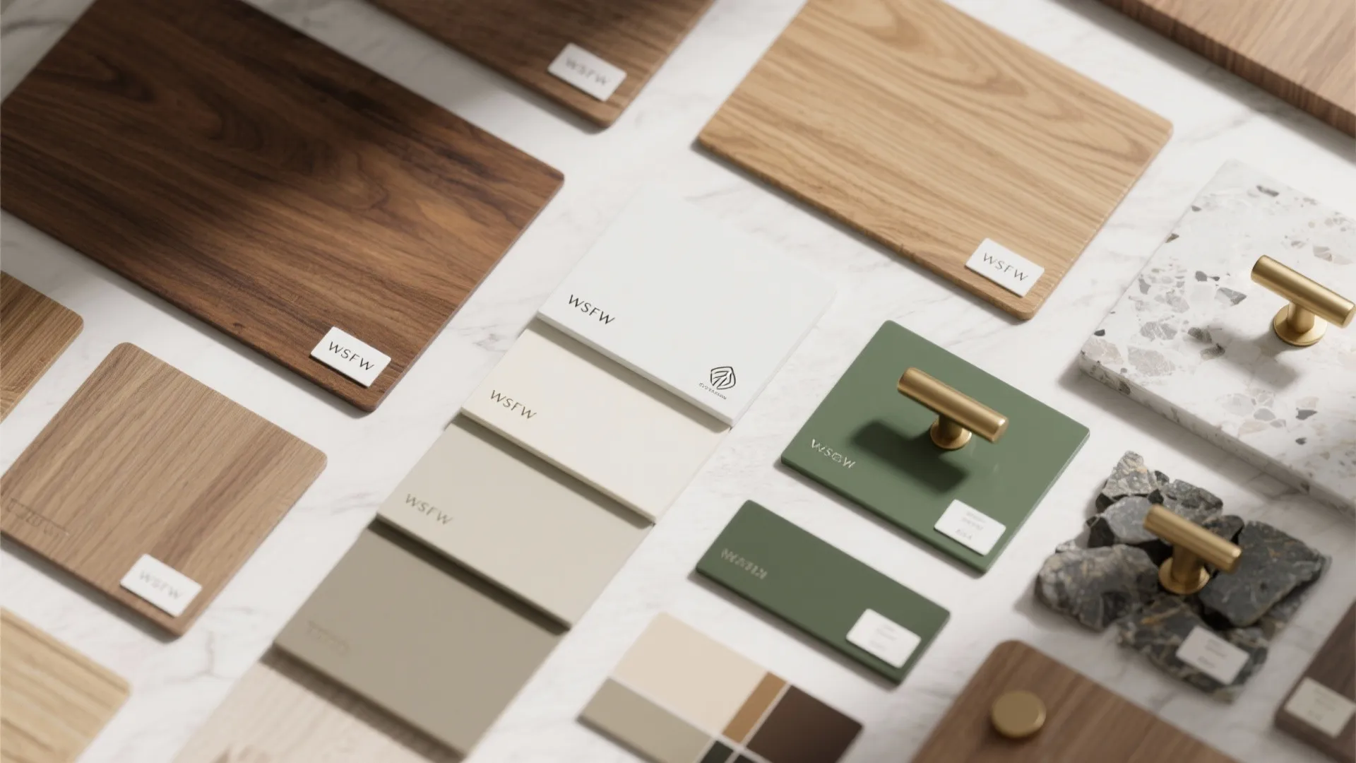 Material samples including wood boards green tiles gold handles and stone blocks on white marble