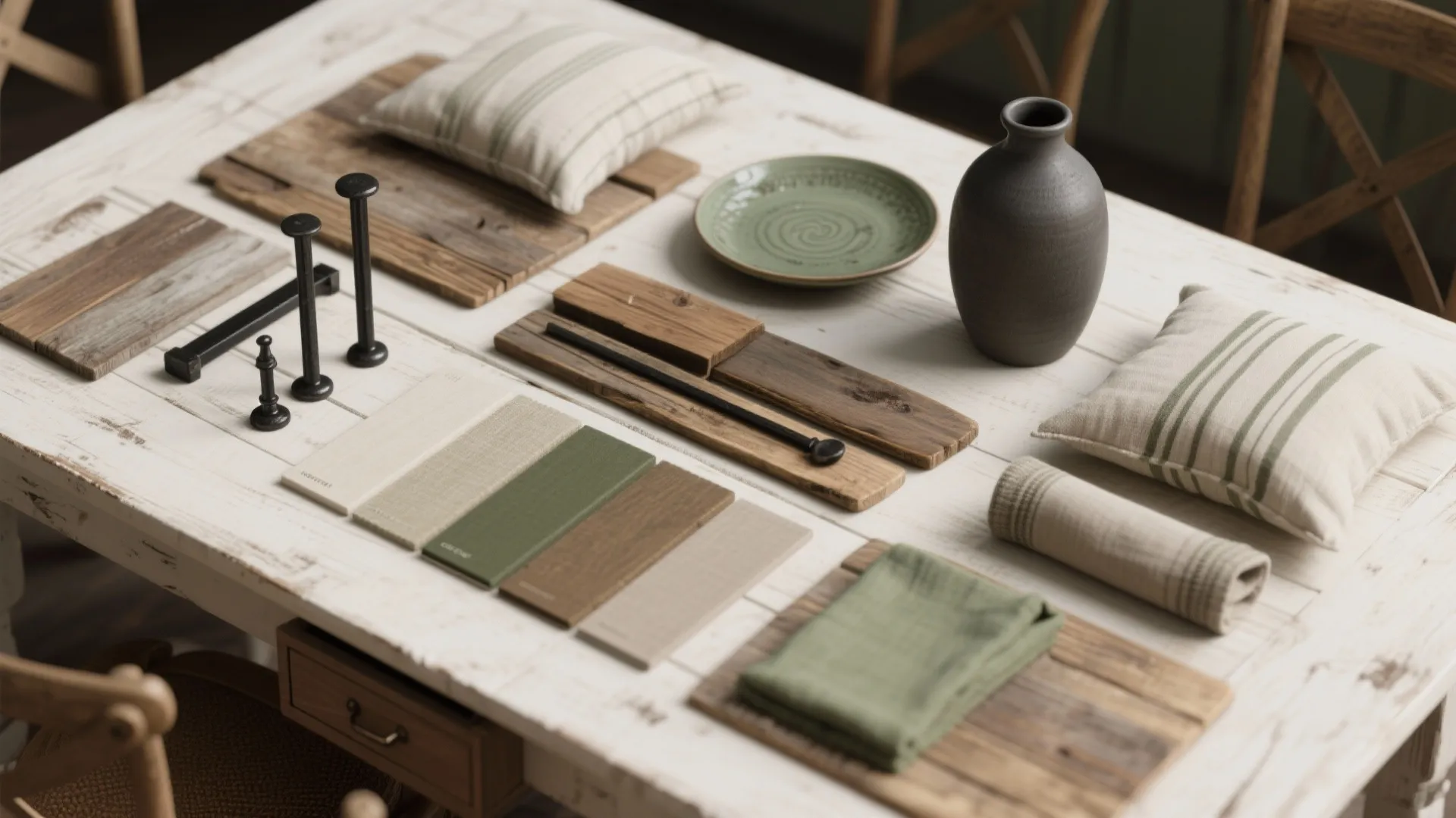 Material mood board on table featuring green fabric, wood samples, color swatches, and dark vase