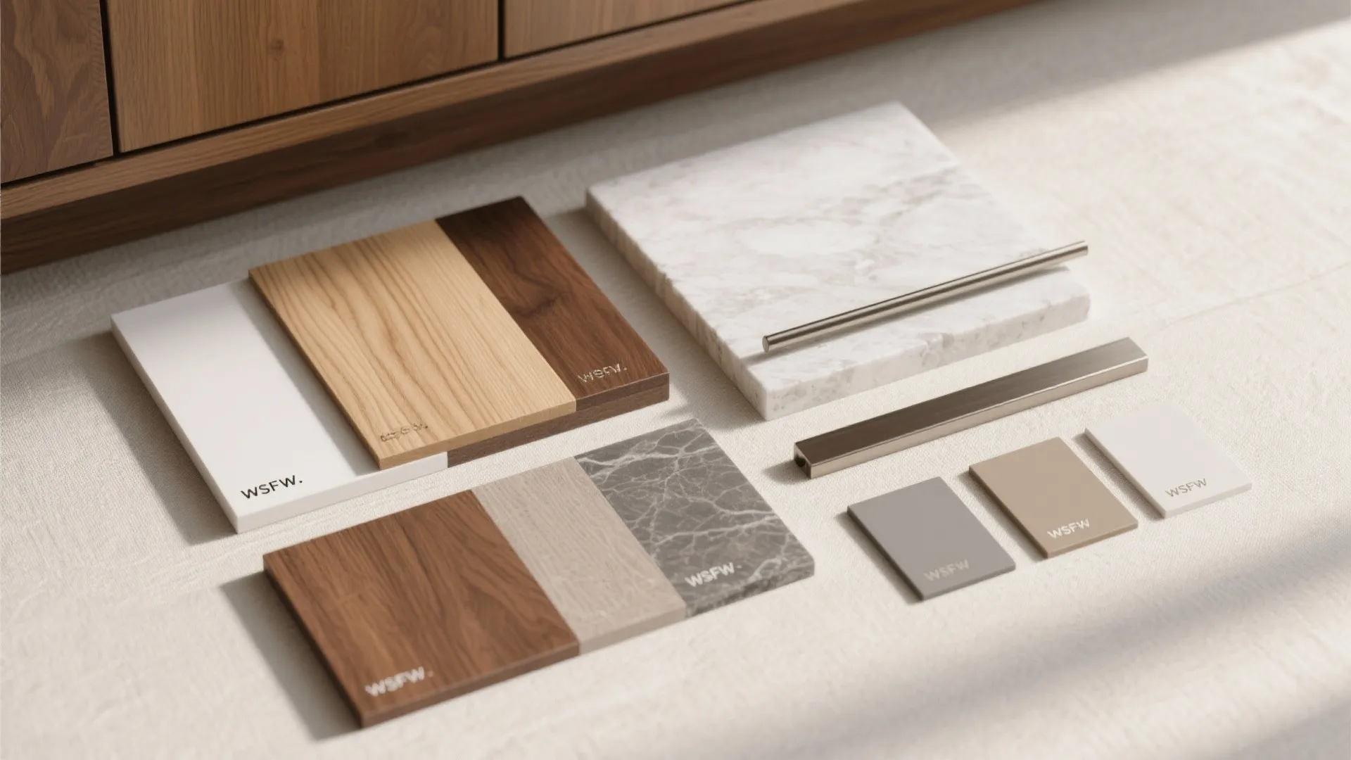 Flatlay of white oak, walnut, honed stone, and brushed nickel samples.