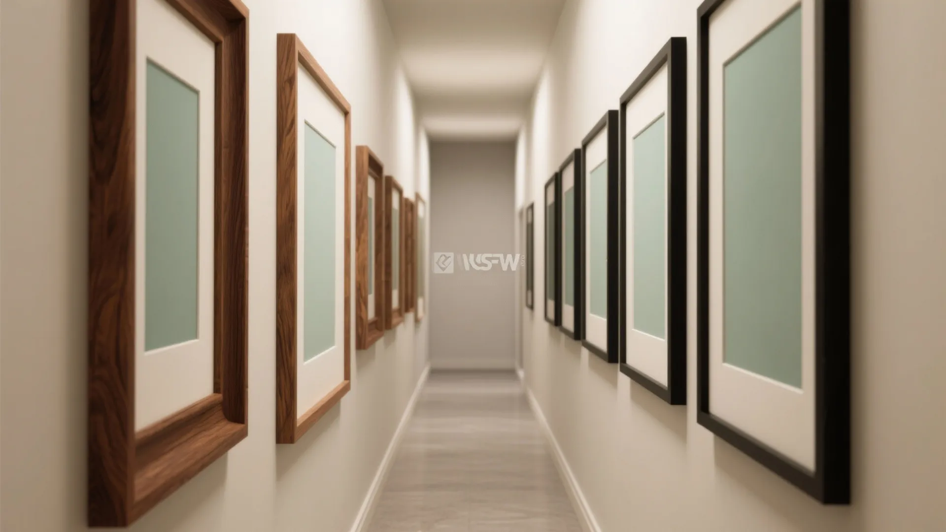 Long narrow hallway with several wooden and black picture frames hanging on both side walls