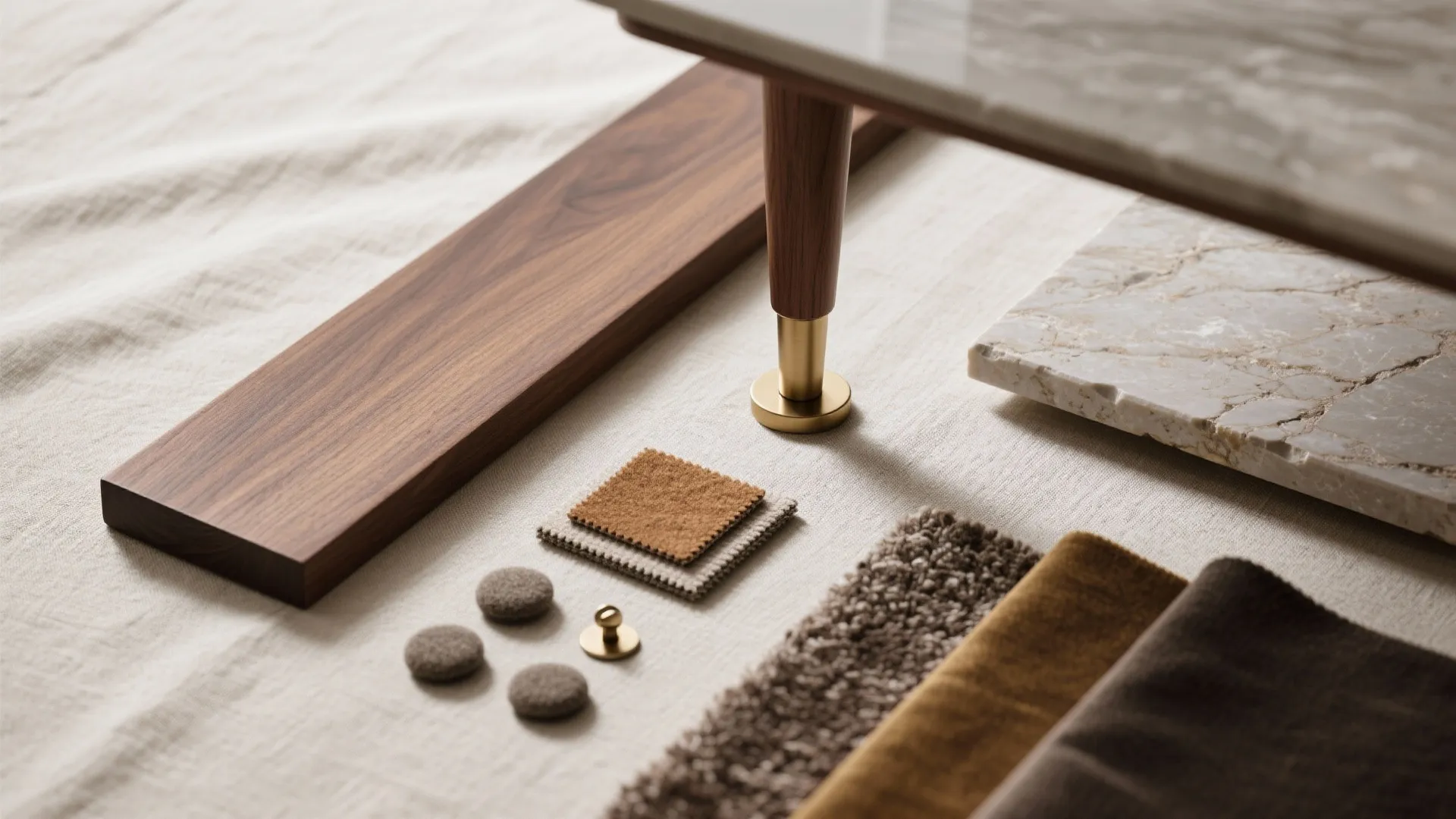 Mixed-Material Sofa: Wood, Brass, and Stone Accents