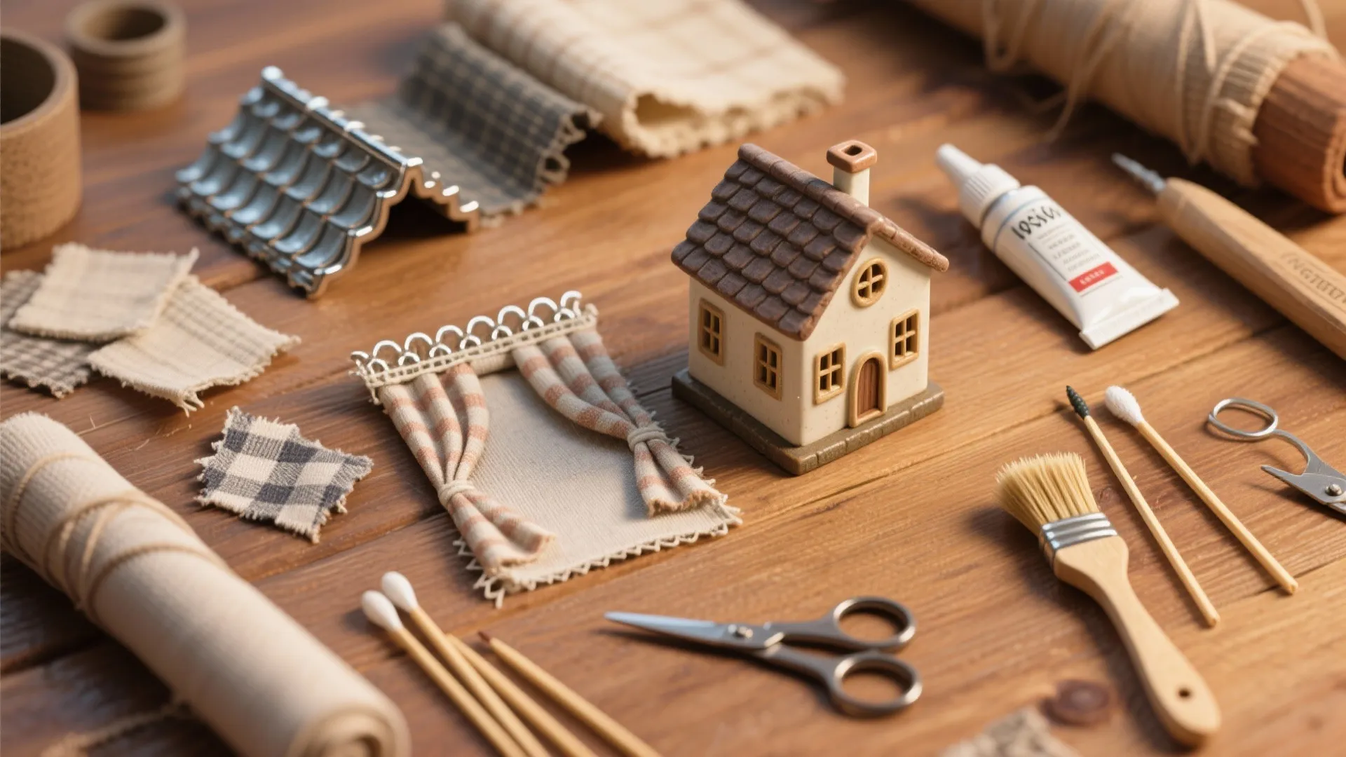 Small model house on wooden table with fabric scraps scissors glue brush and everyday tools
