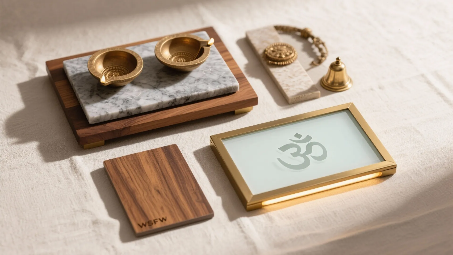 Mixed Materials: Stone Top, Warm Wood, Brass Accents