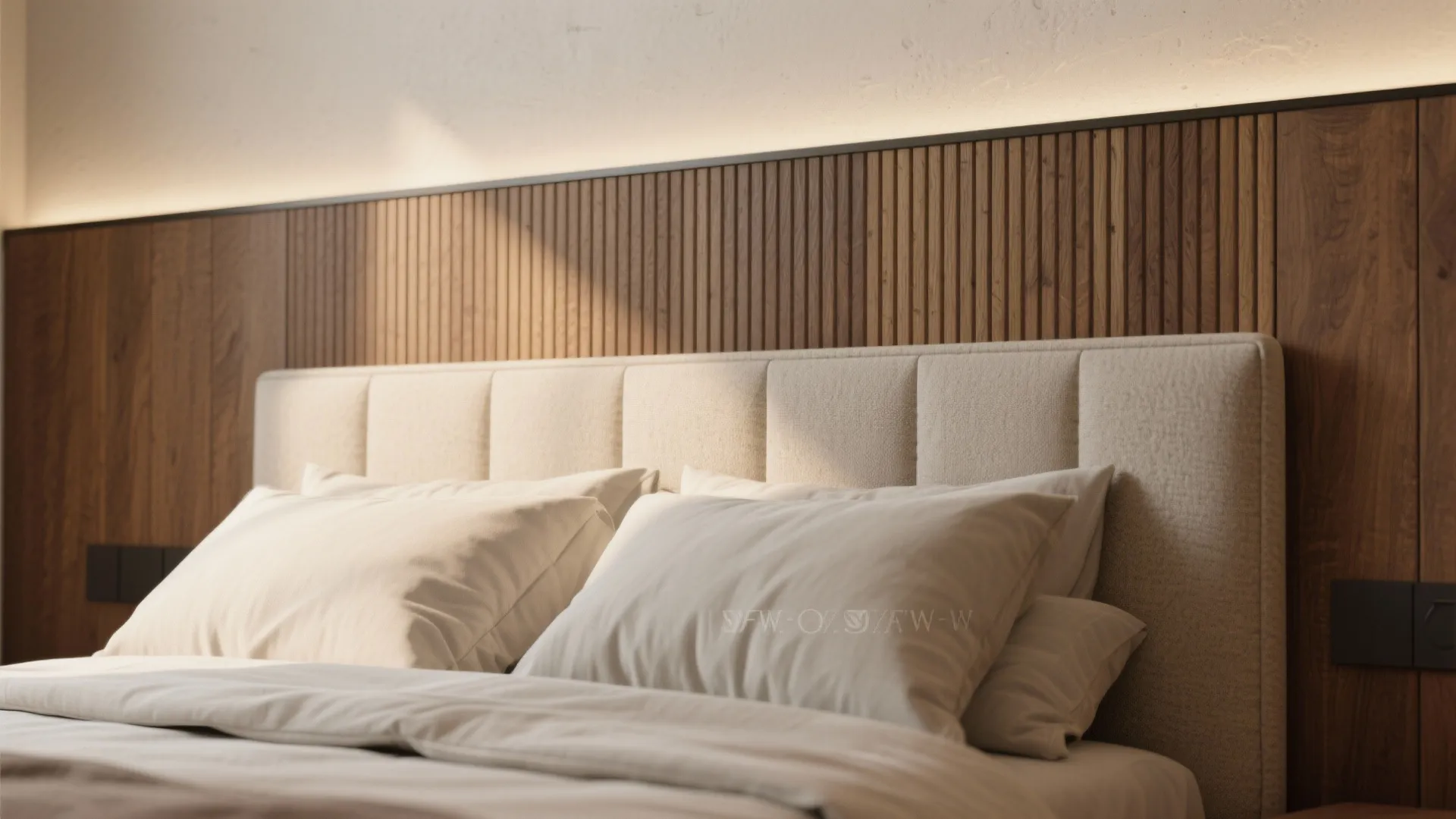 Modern bedroom close up with white pillows beige headboard wooden wall panel and warm lighting