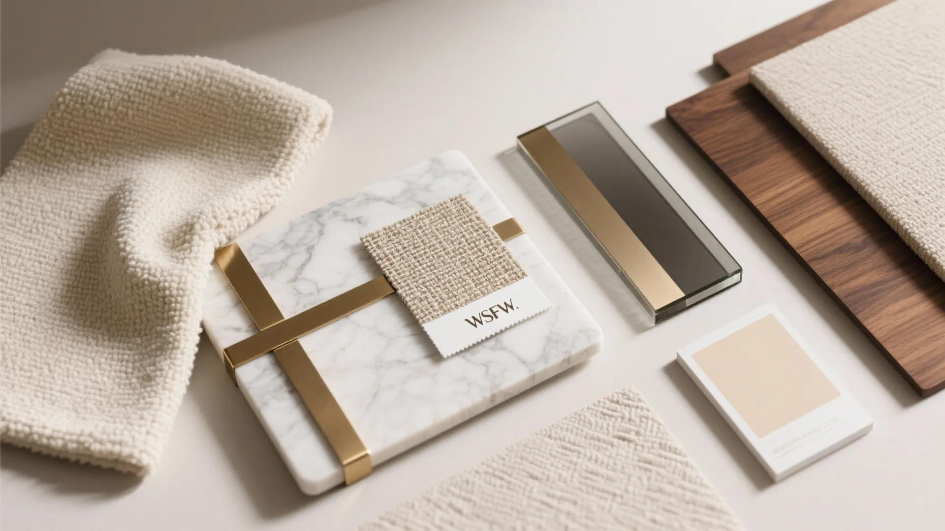 Top-down flatlay of bouclé fabric, honed marble, brushed brass, smoked glass, walnut veneer, and paint chips.