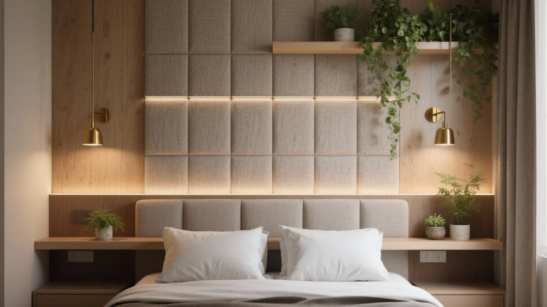 5. Mixed Materials: Fabric panels, lighting, and greenery